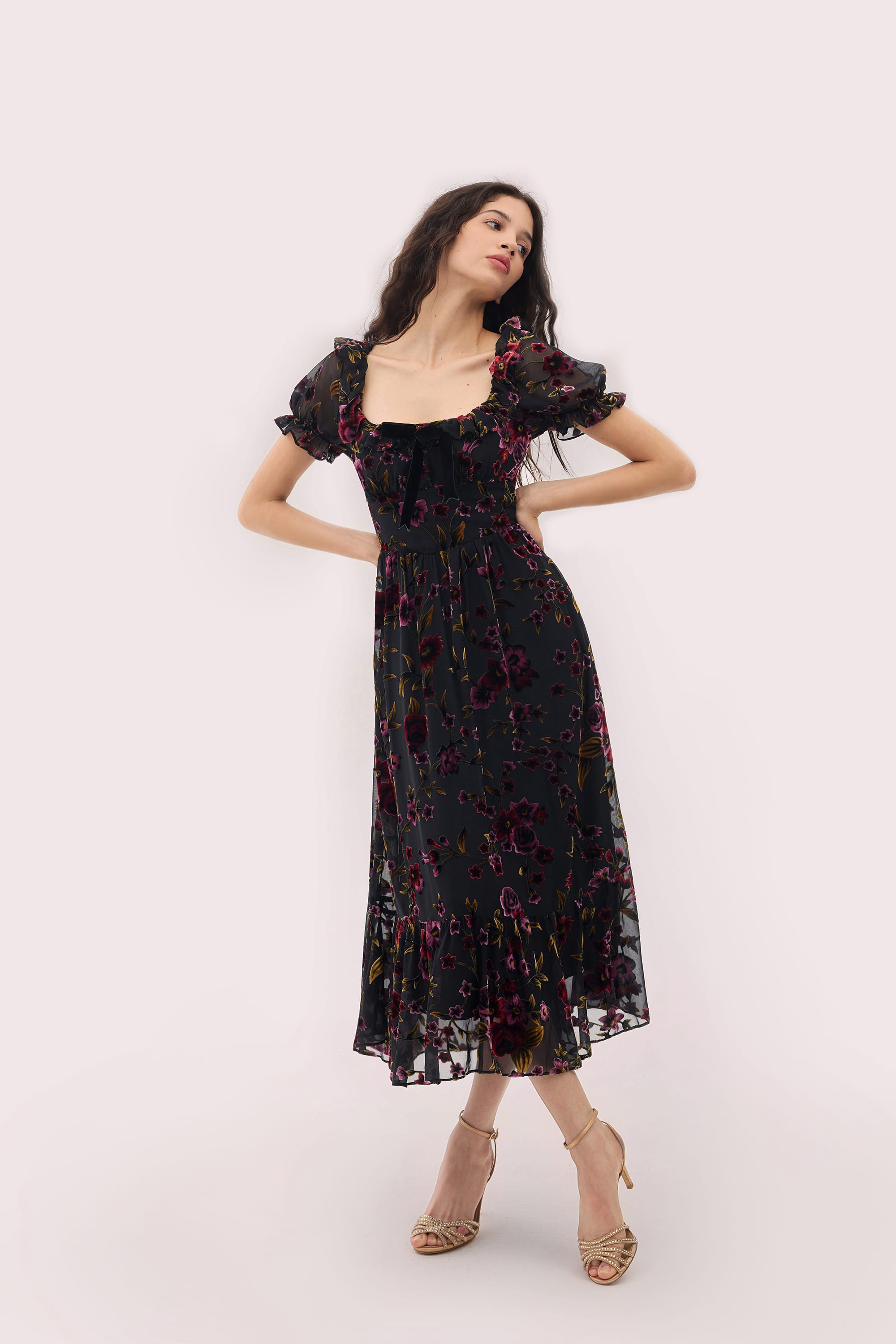 Juliette Burnout Velvet Midi Dress in Black