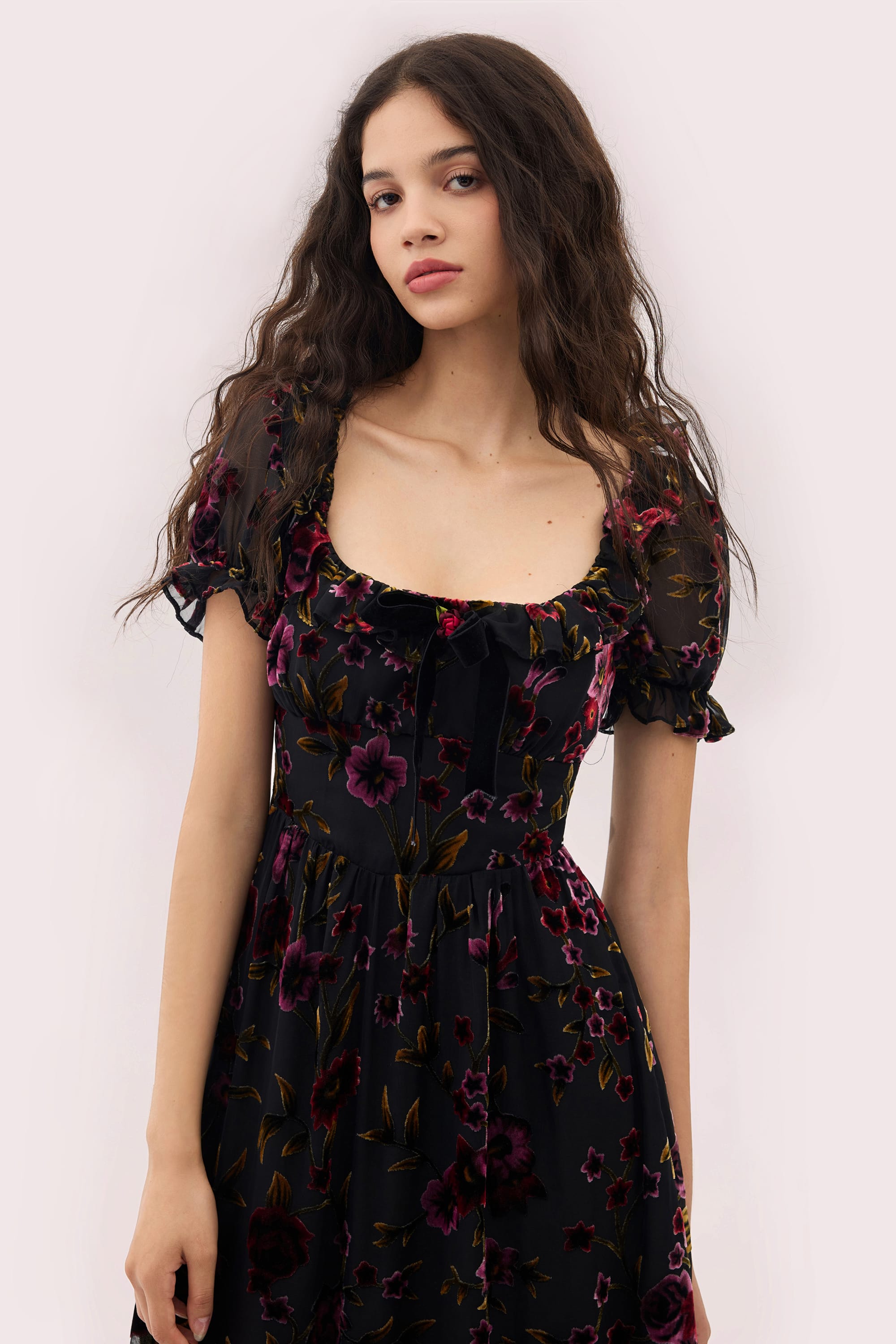 Juliette Burnout Velvet Midi Dress in Black