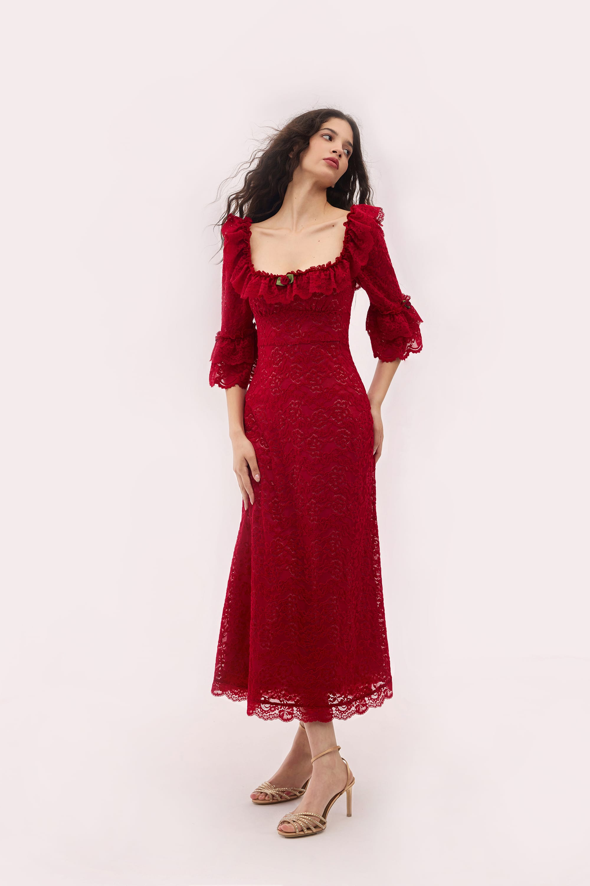 Scarlett Chenille Lace Midi Dress in Ruby Red