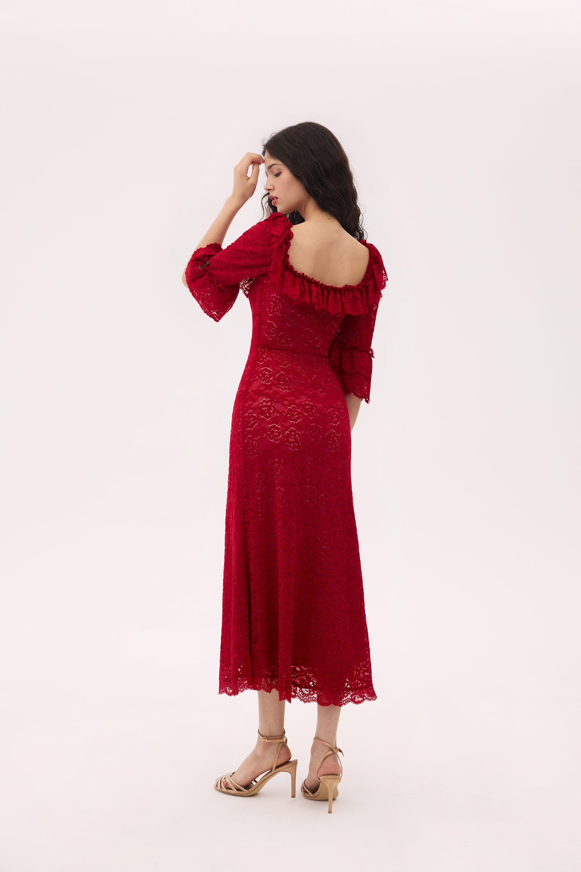 Scarlett Chenille Lace Midi Dress in Ruby Red