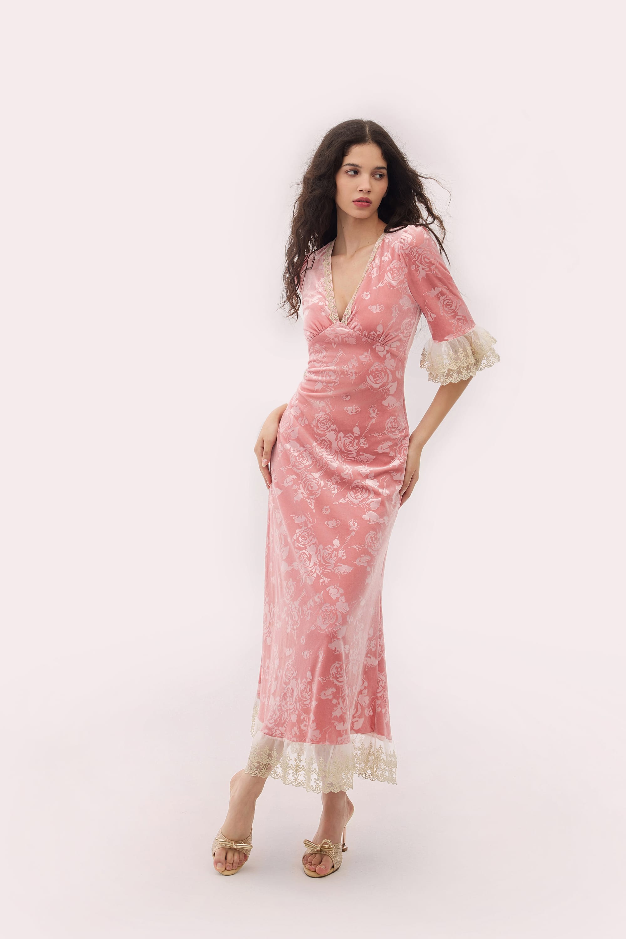Gwyneth Embossed Velvet Maxi Dress in Dusty Rose Pink