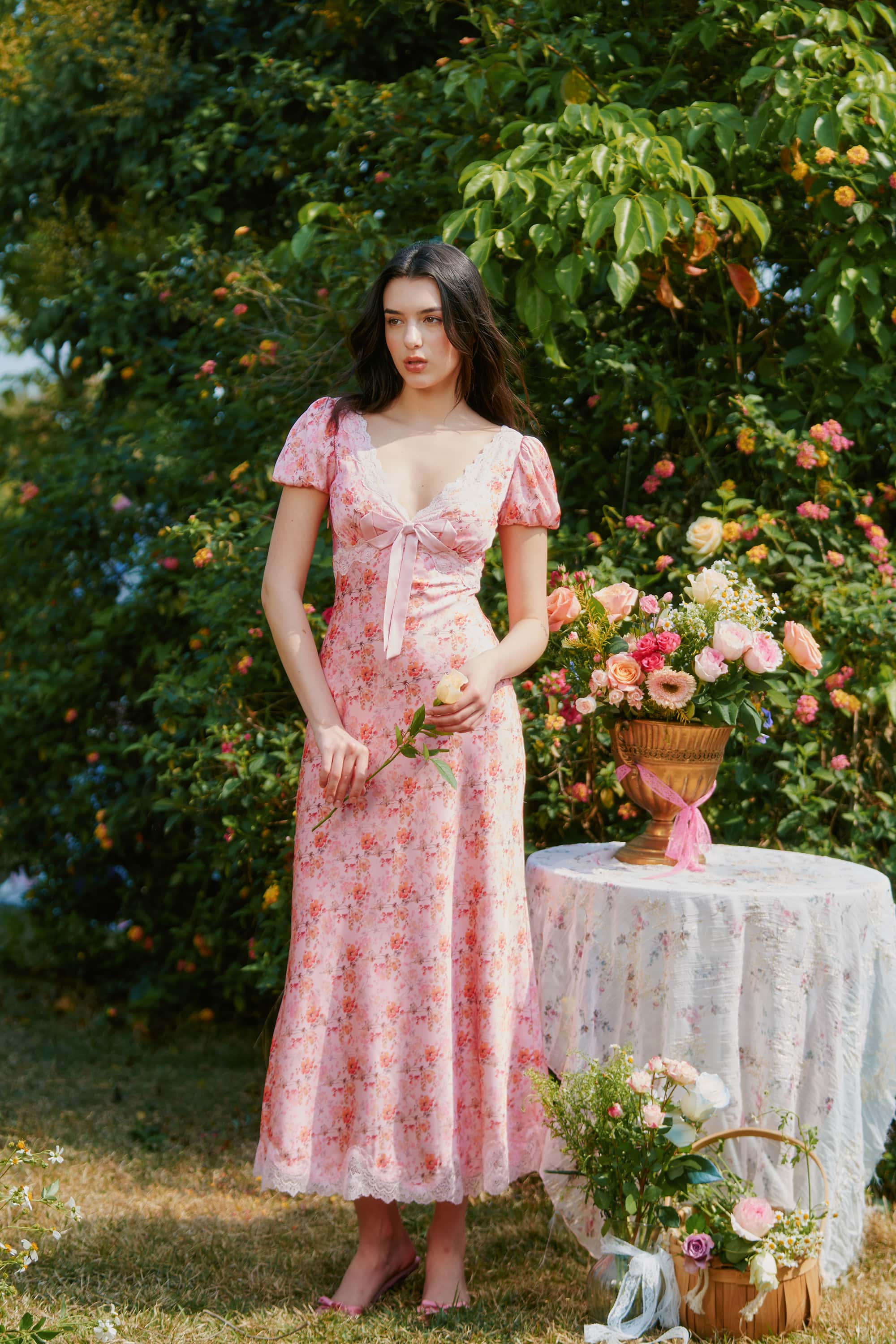 Vienna Floral Satin Maxi Dress in Blush Pink