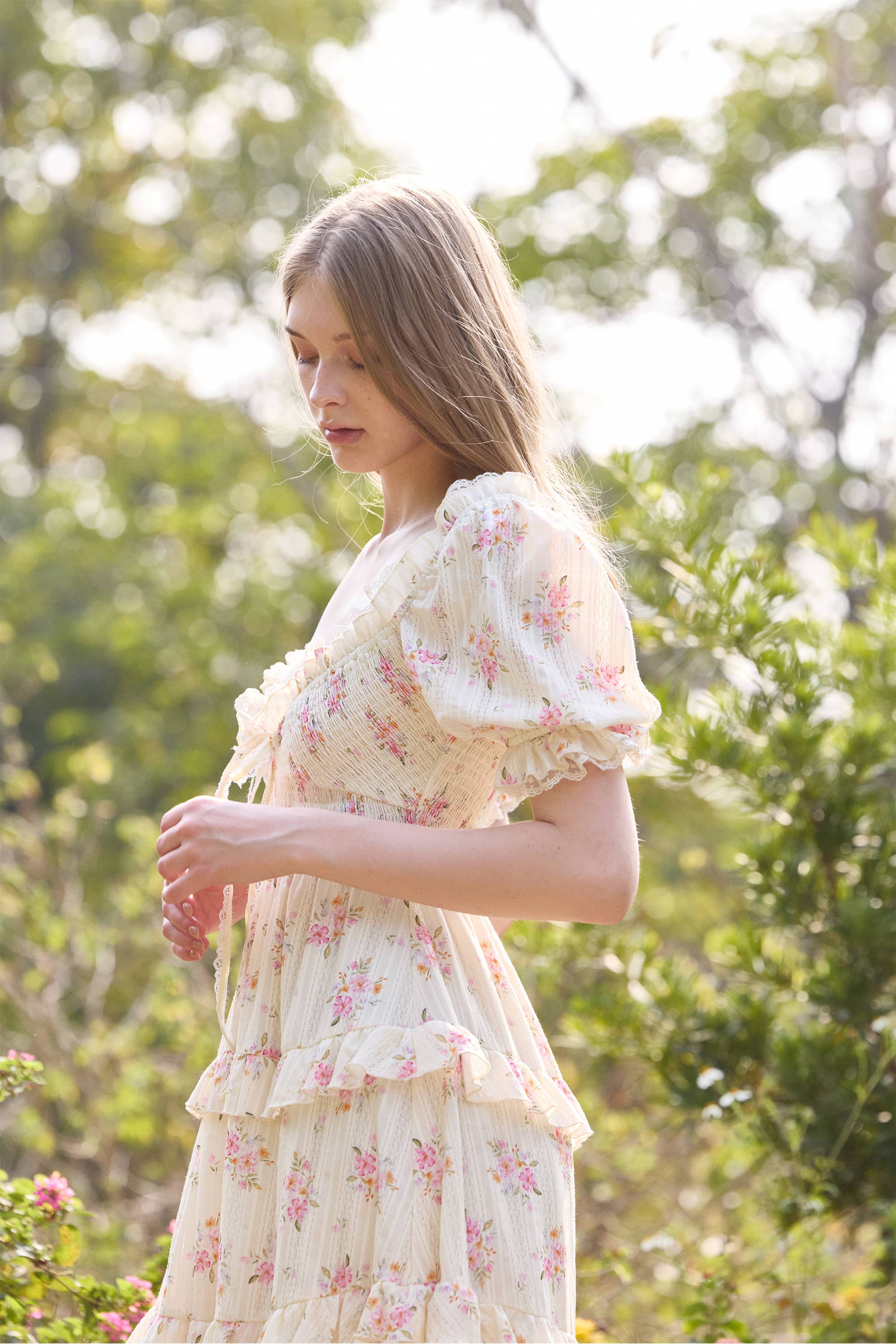 Anabel Floral Cotton Maxi Dress in Beige