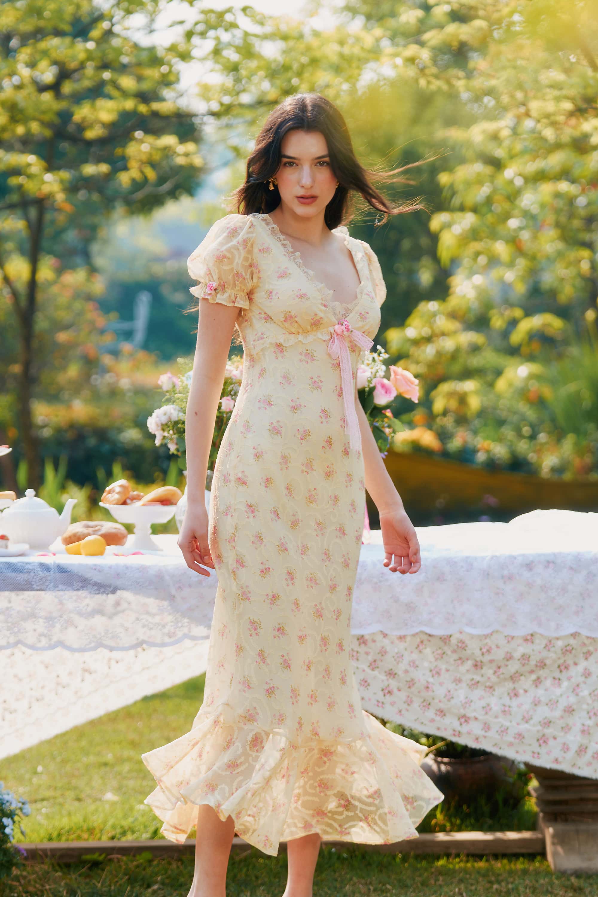 Maeve Applique Chiffon Midi Dress in Marigold Yellow