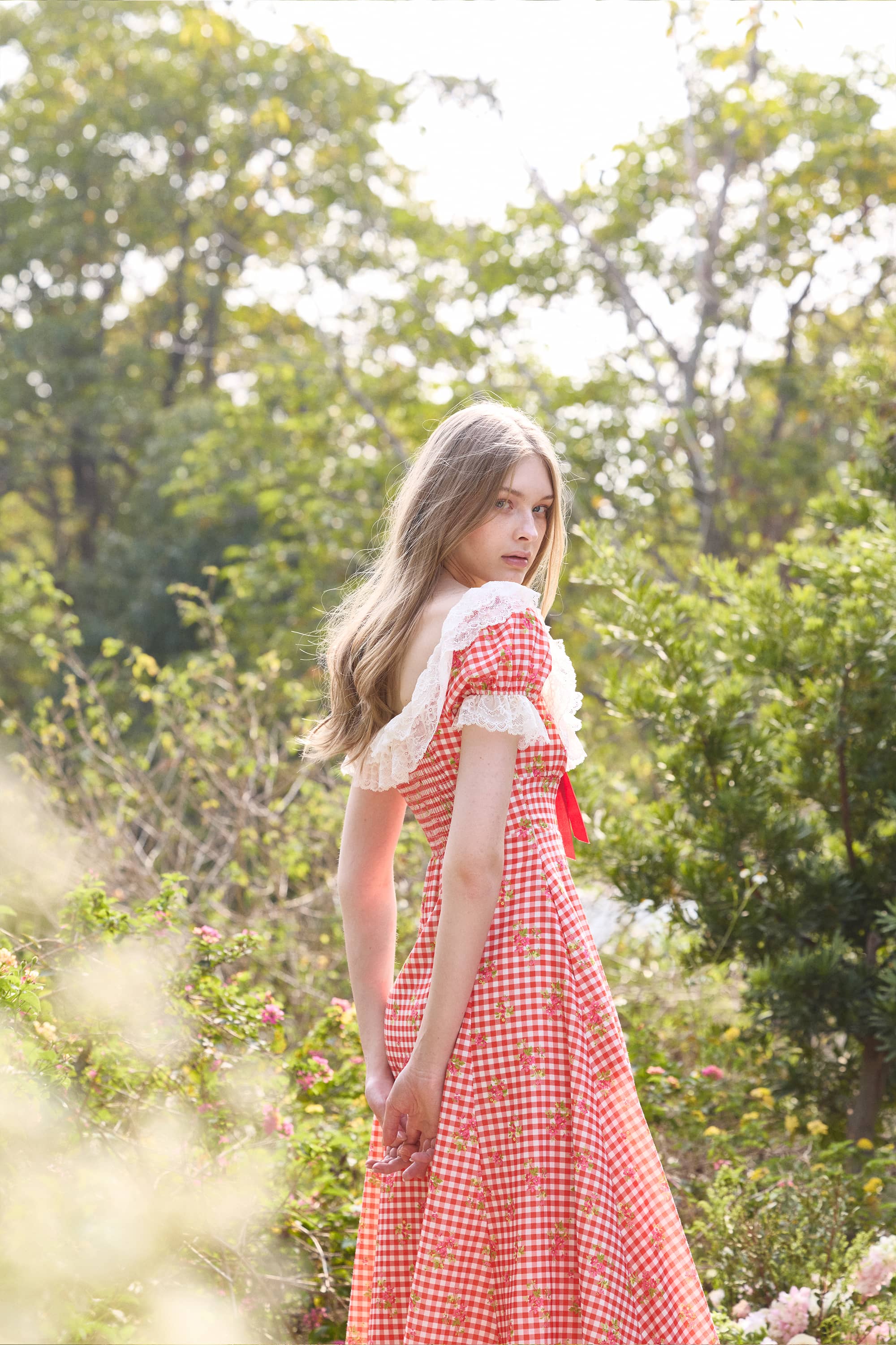 Maebella Floral Lace Midi Dress in Strawberry Red