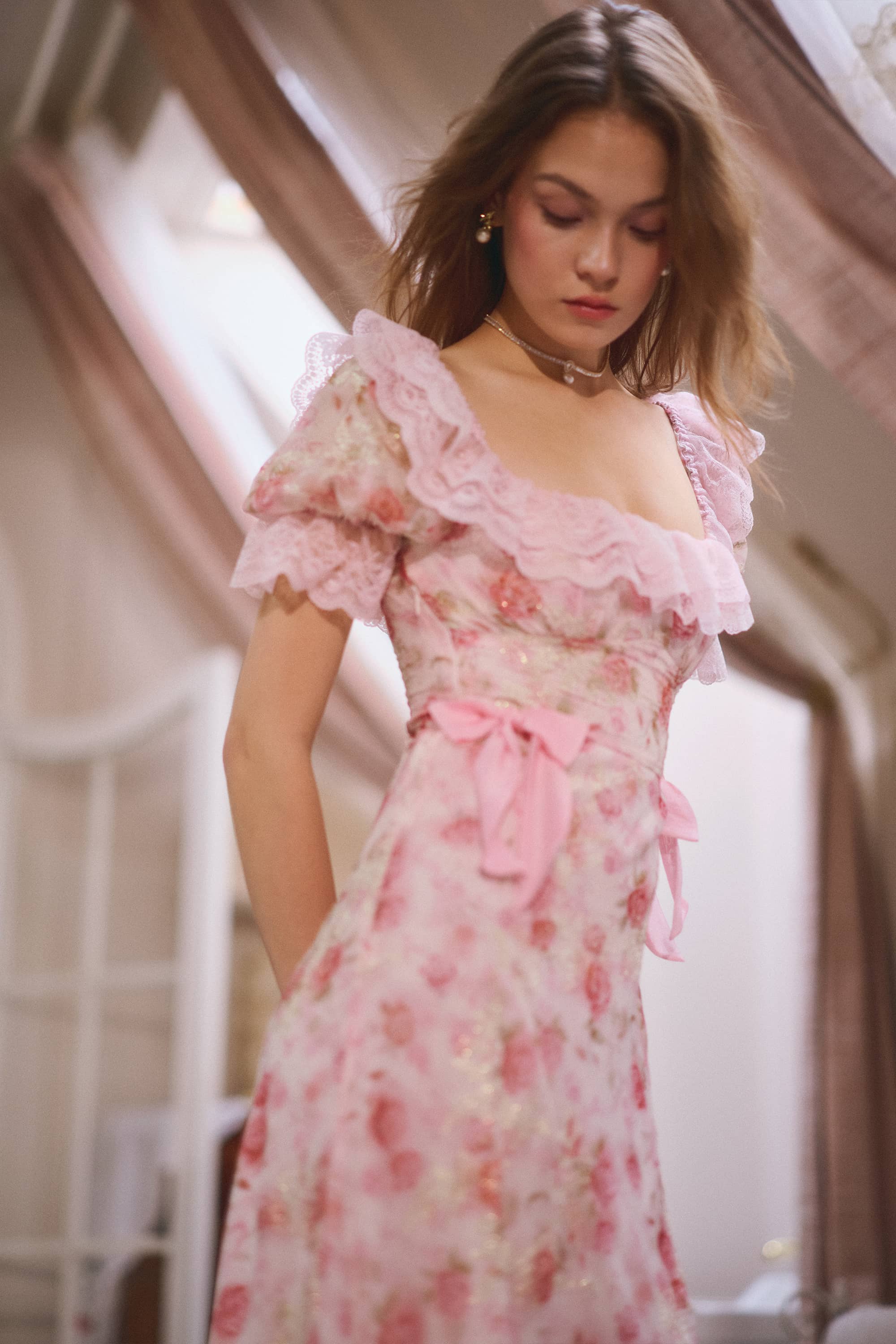 Elsie Embroidered Chiffon Midi Dress in Blush Pink