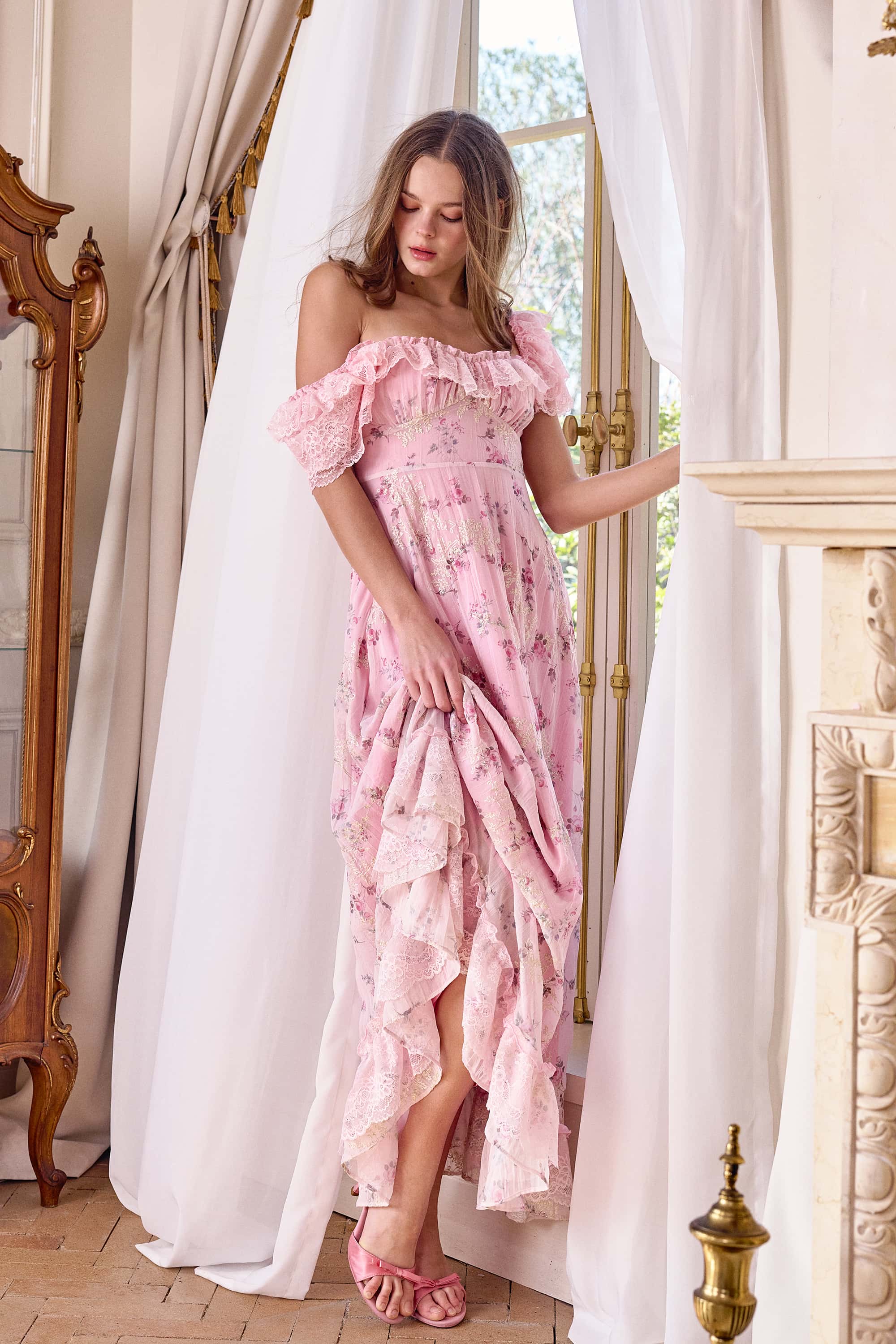 Gemma Embroidered Chiffon Maxi Dress in Orchid Pink