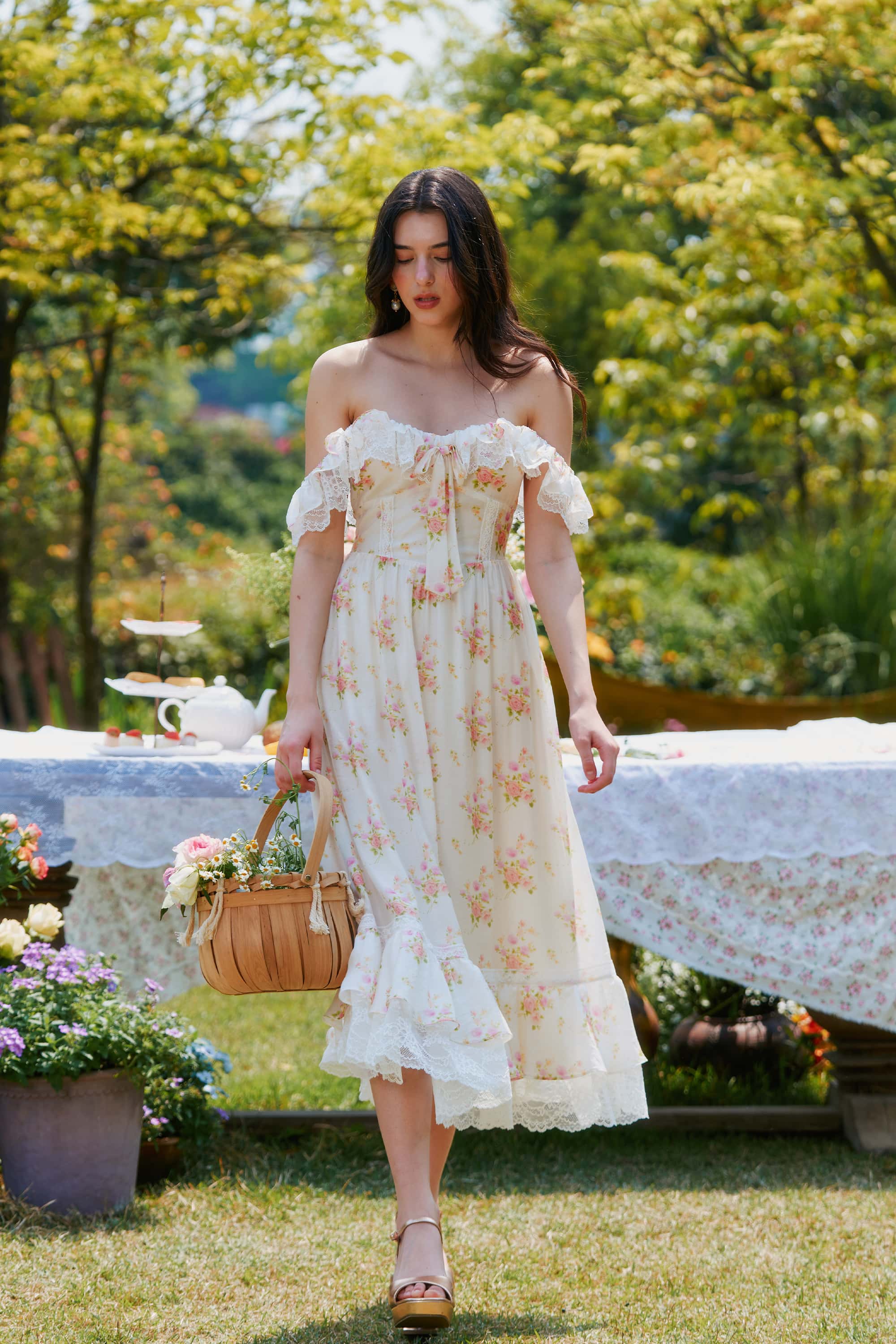 Anya Floral Crepe Midi Dress in White