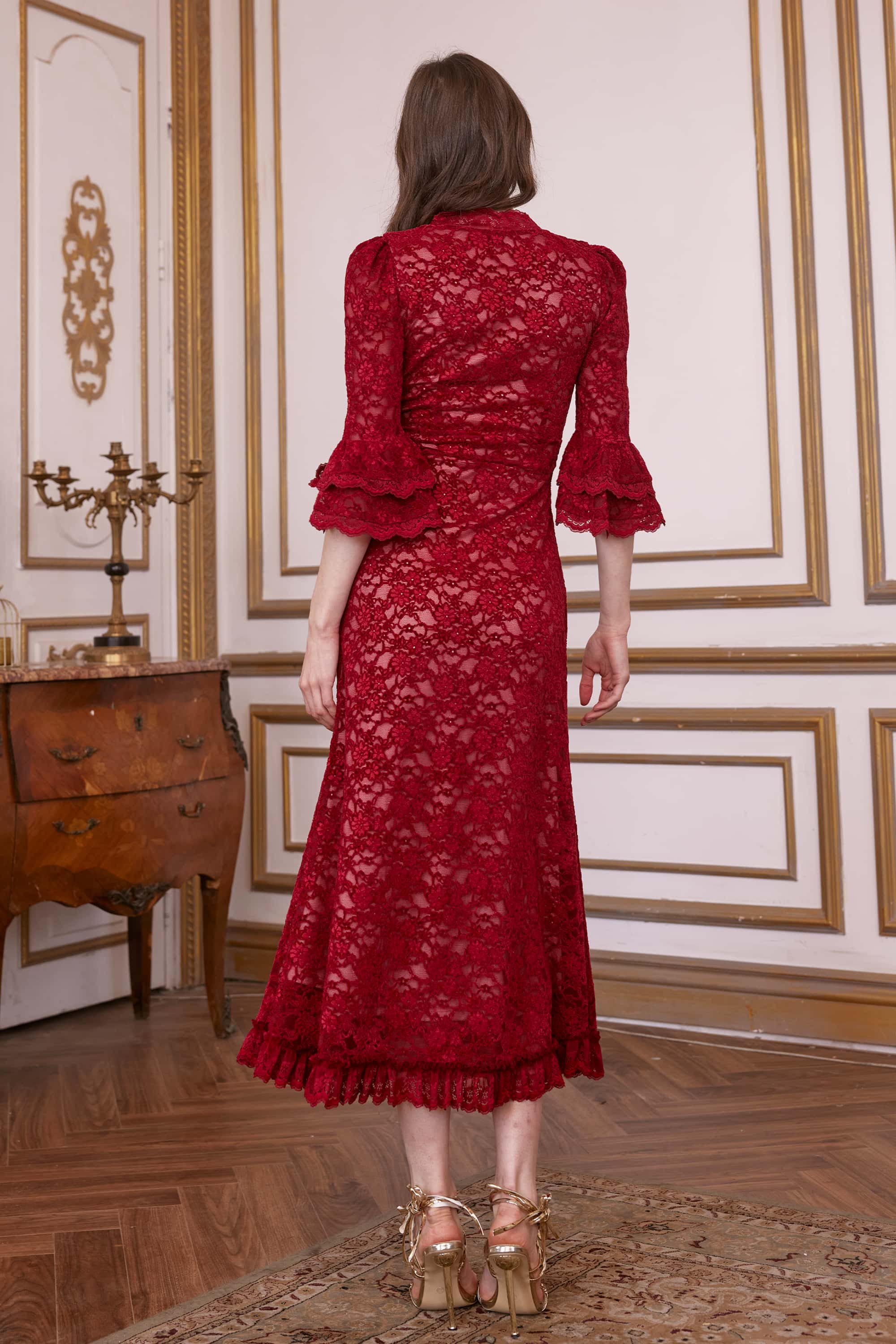 Elaine Chenille Lace Midi Dress in Berry Red