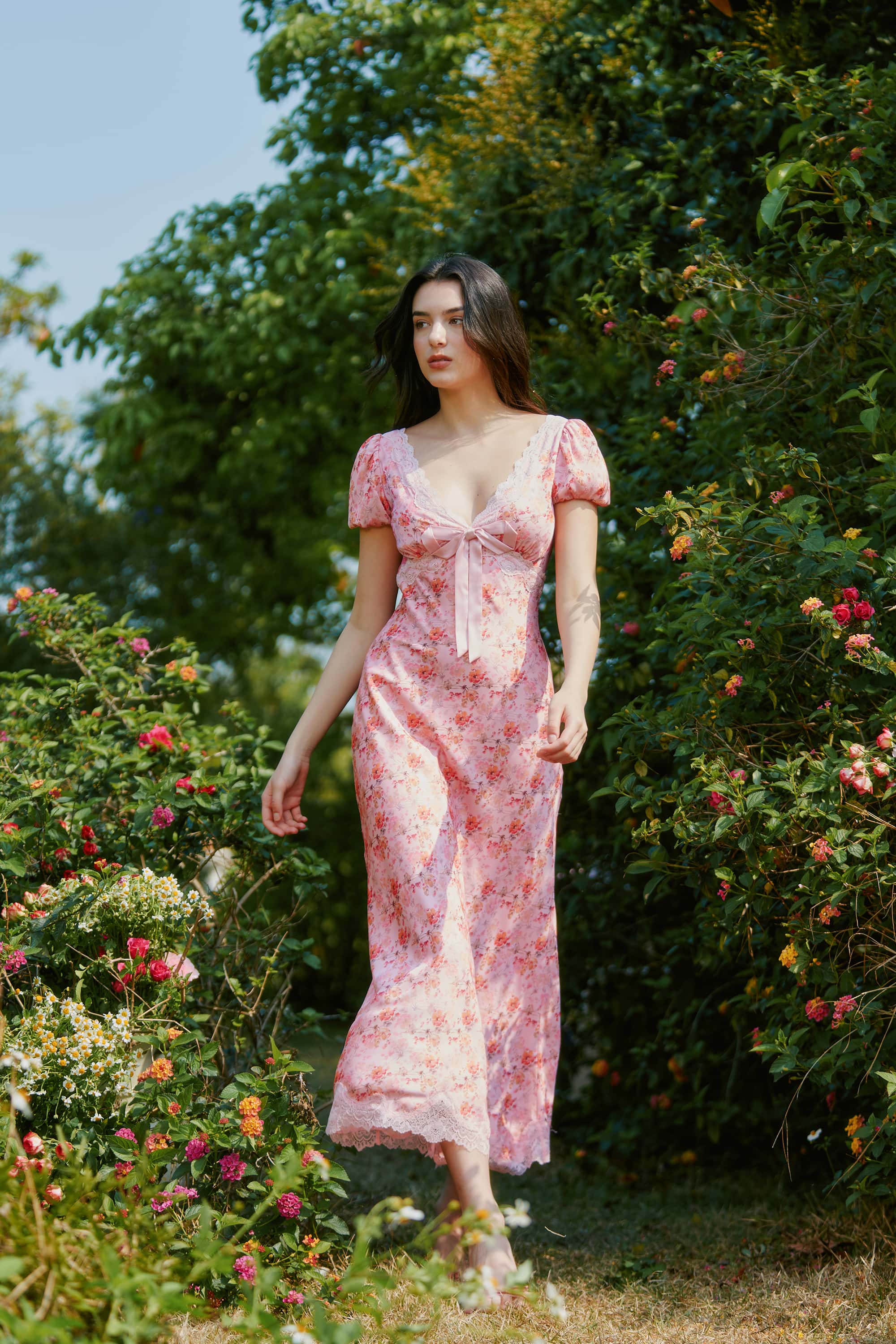 Vienna Floral Satin Maxi Dress in Blush Pink