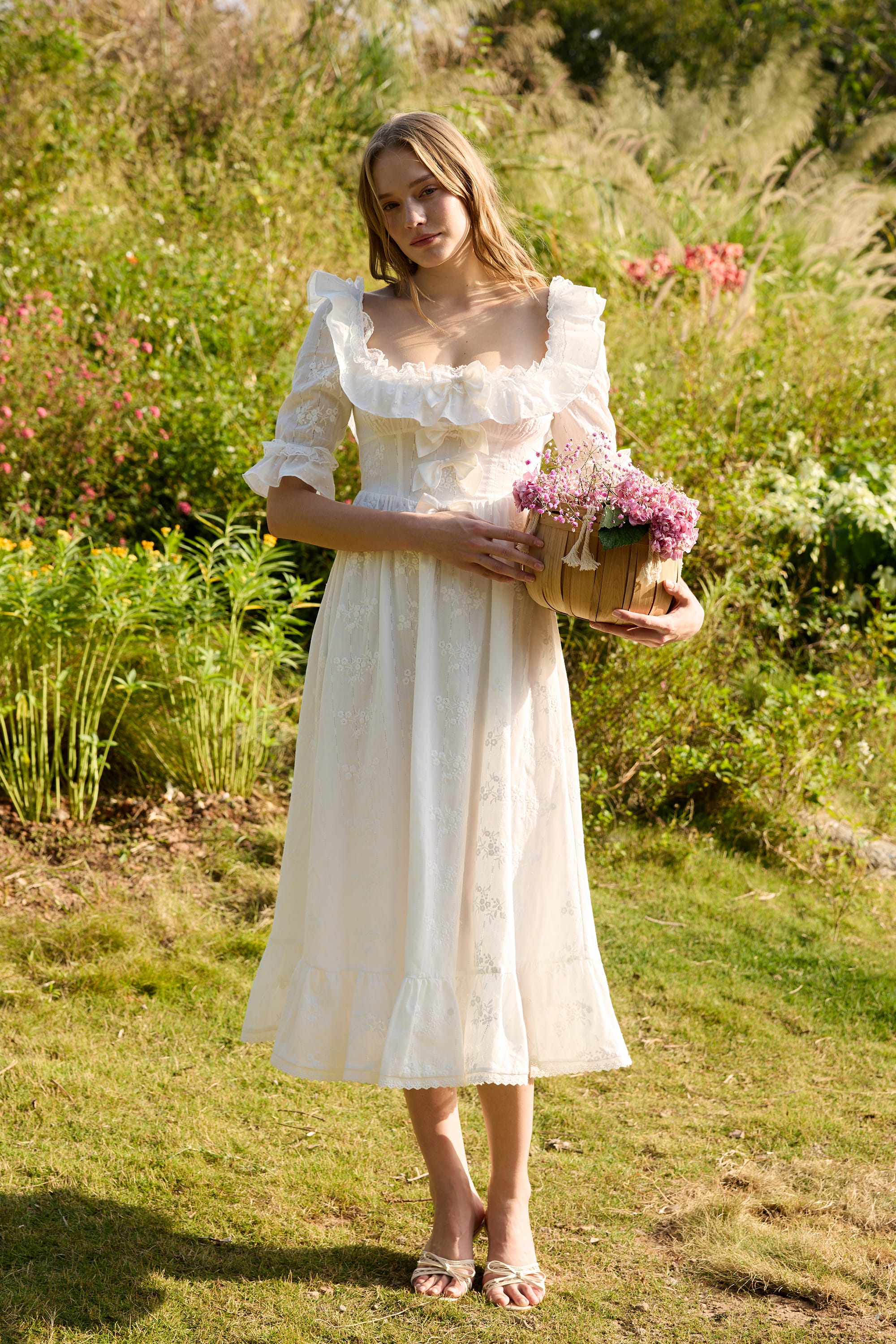 Aria Embroidered Cotton Midi Dress in White