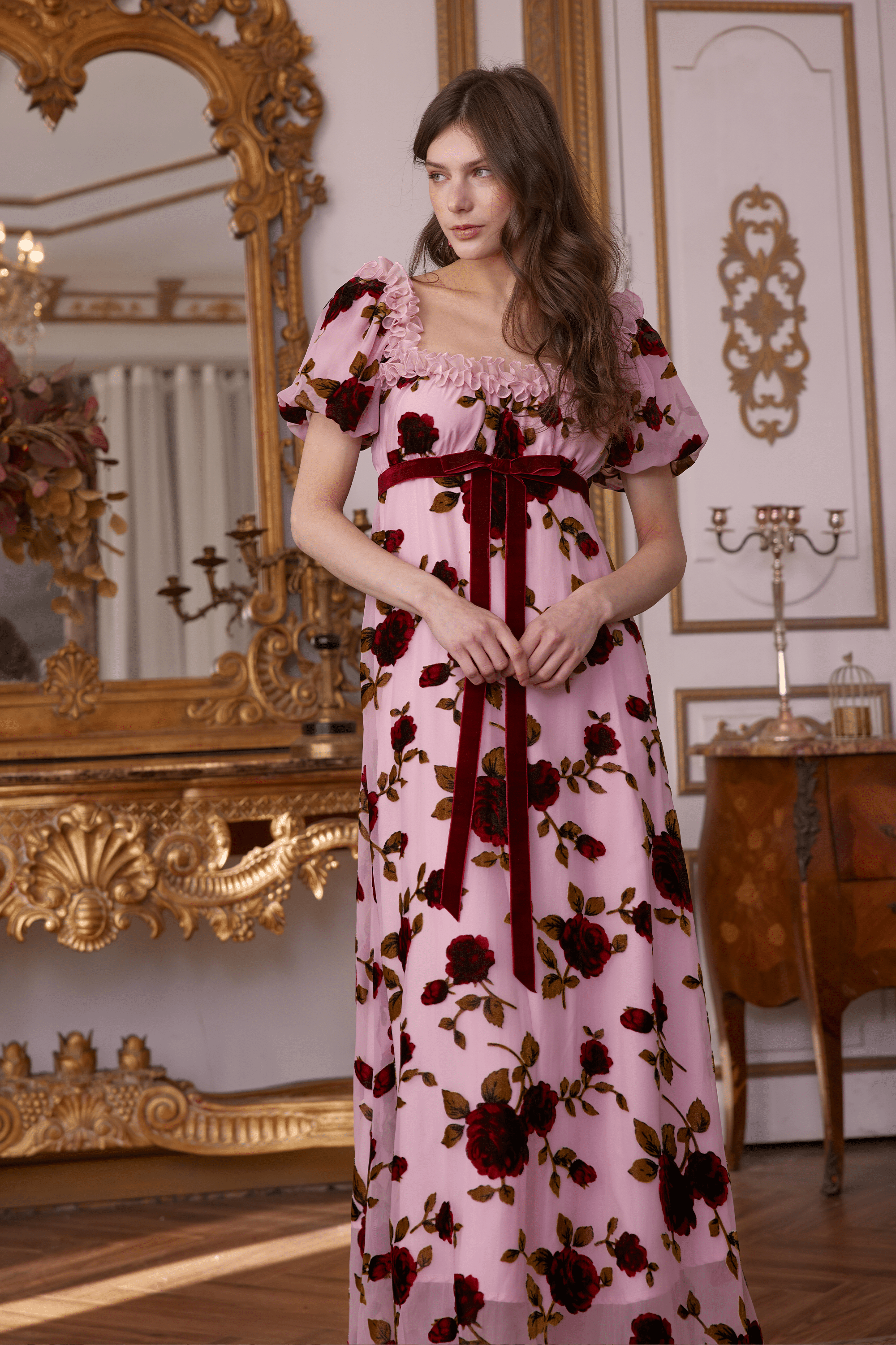 Olivier Squared Neckline Velvet Floral Gown Dress