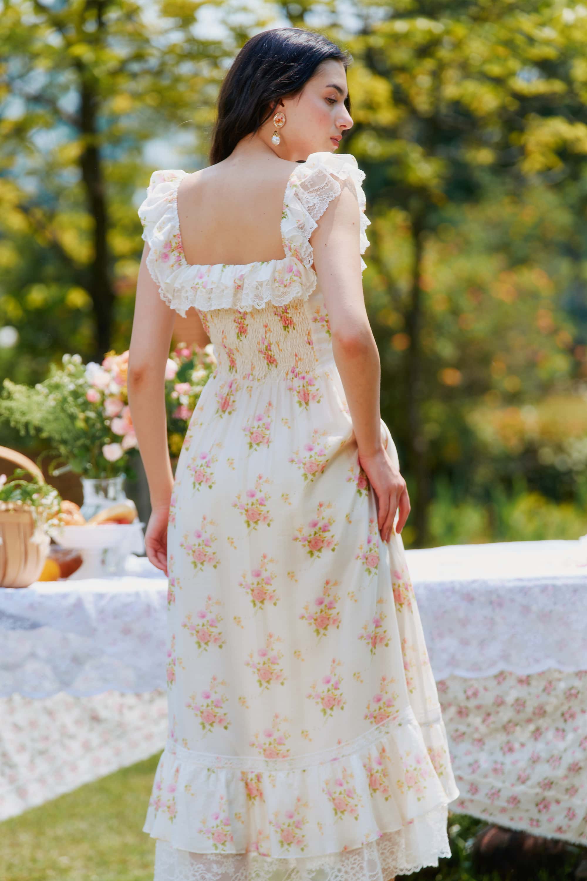 Anya Floral Crepe Midi Dress in White