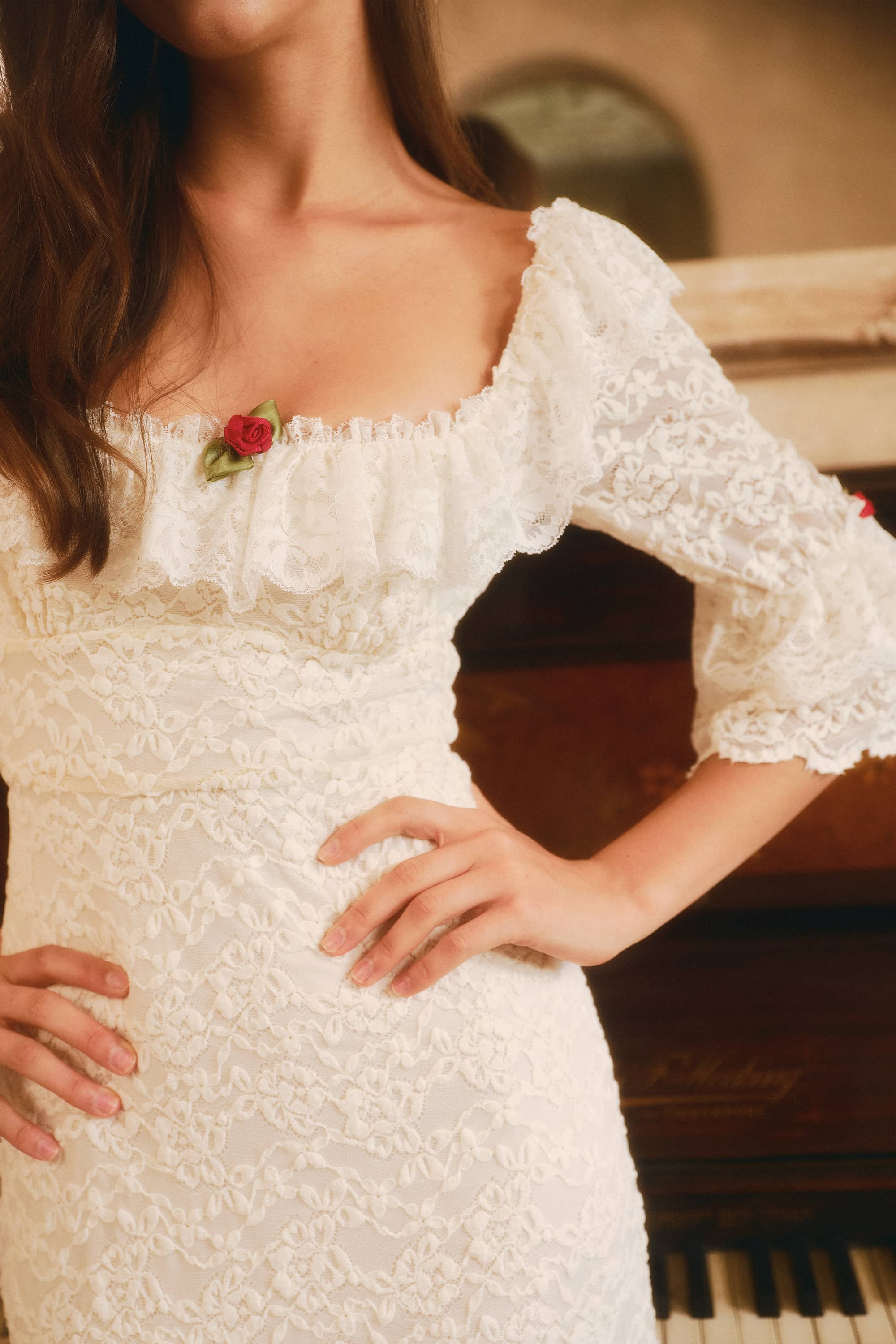Scarlett Chenille Lace Midi Dress in White