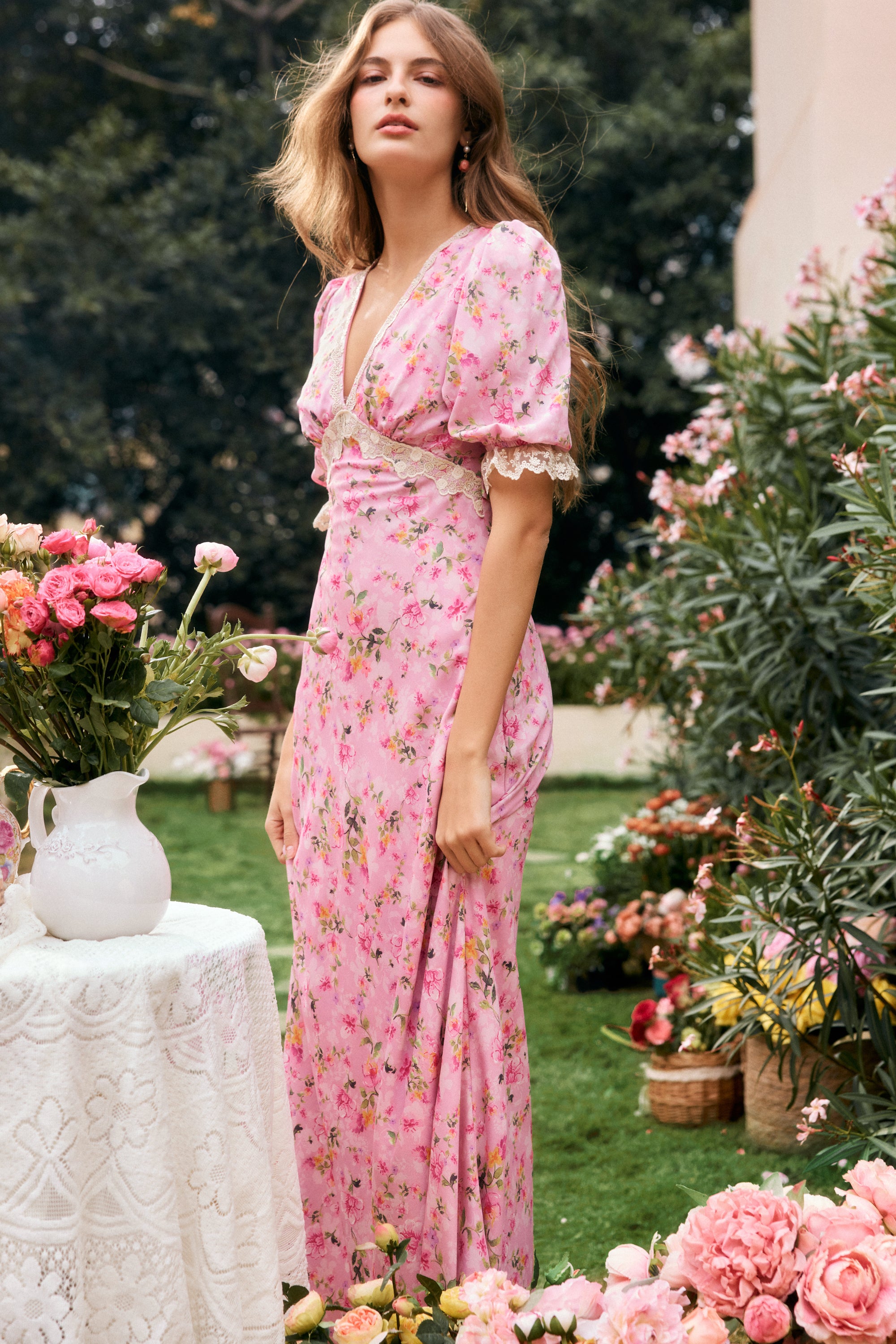Divia Floral Georgette Midi Dress in Carnation Pink