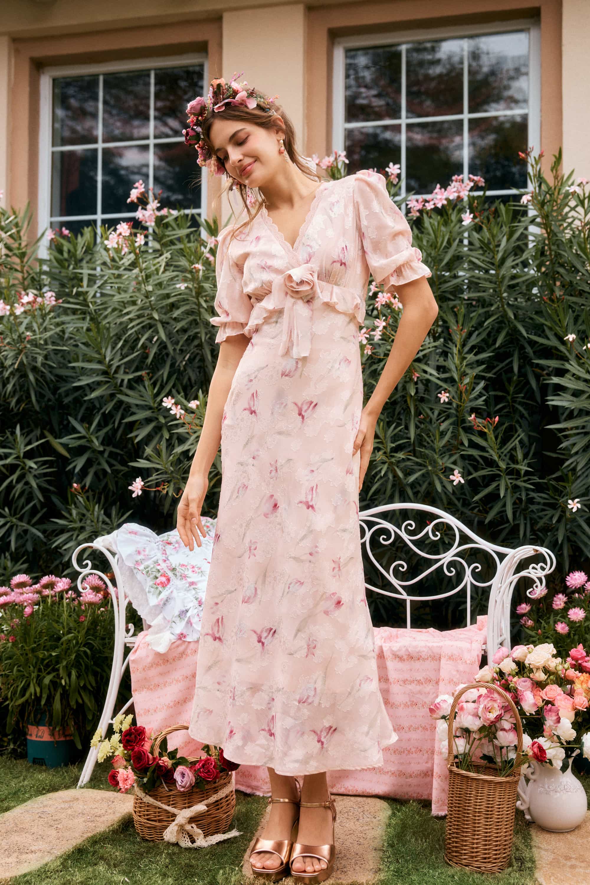 Archie Applique Chiffon Maxi Dress in Shell Pink