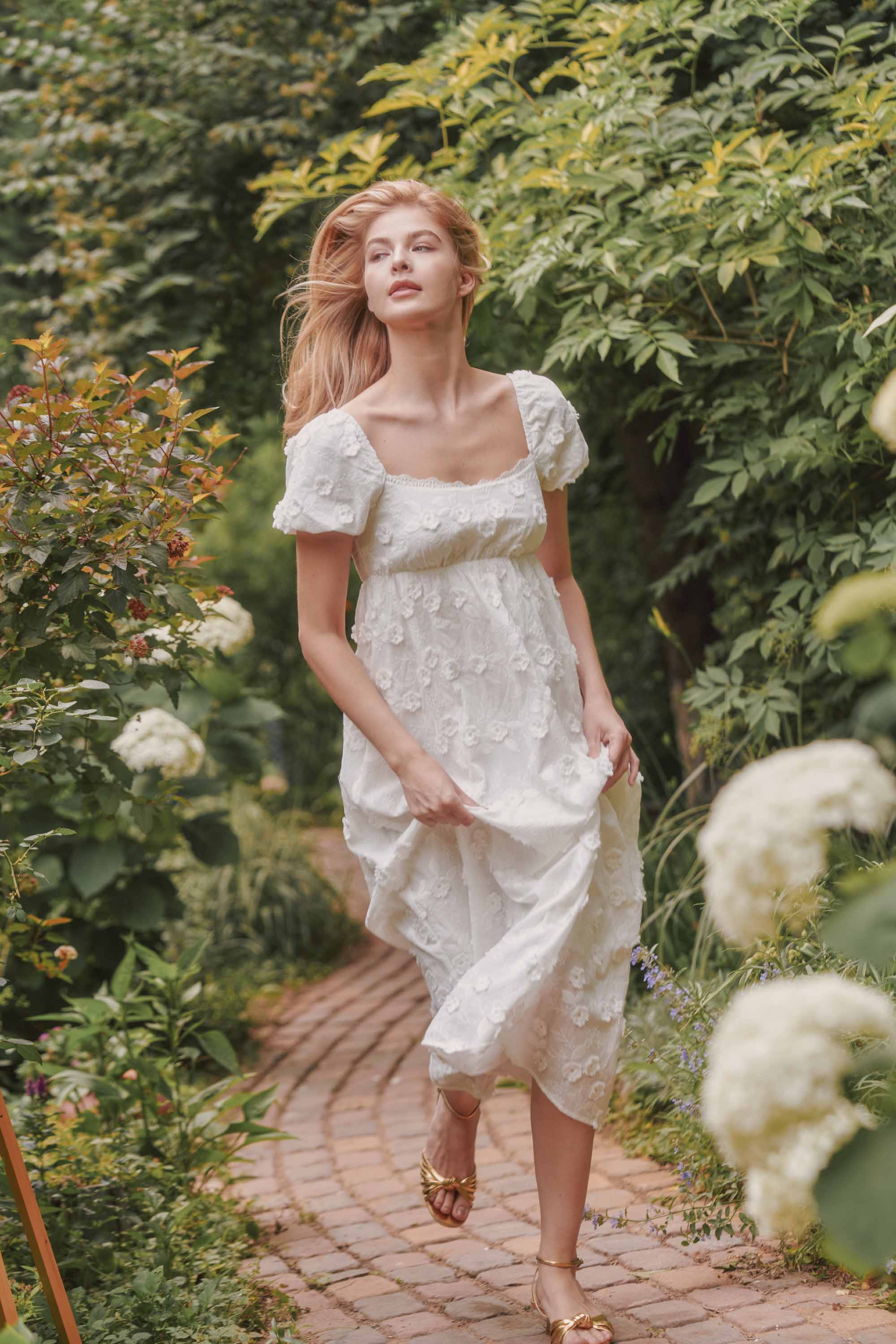 Kaylin Applique Cotton Midi Dress in Ivory
