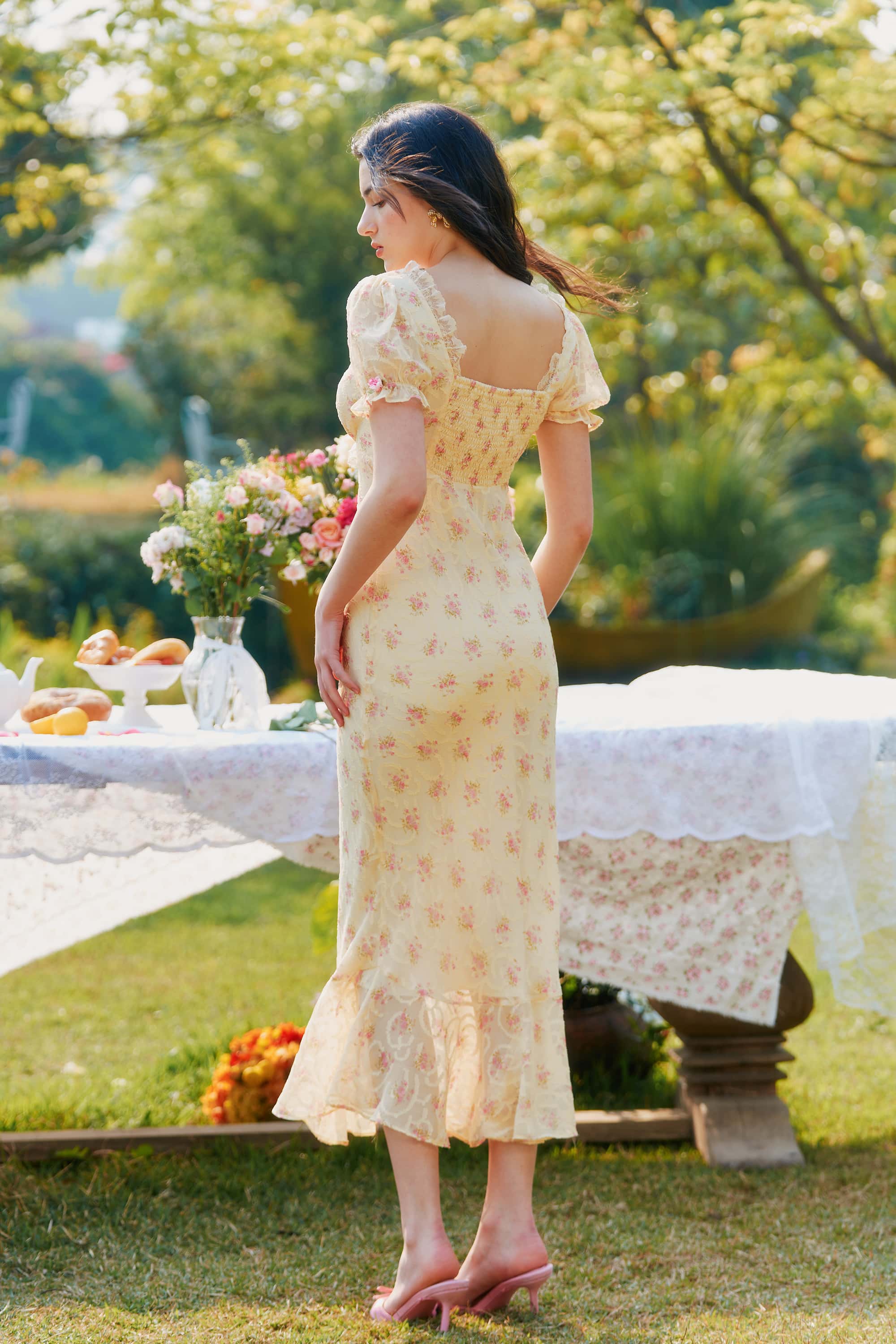 Maeve Applique Chiffon Midi Dress in Marigold Yellow