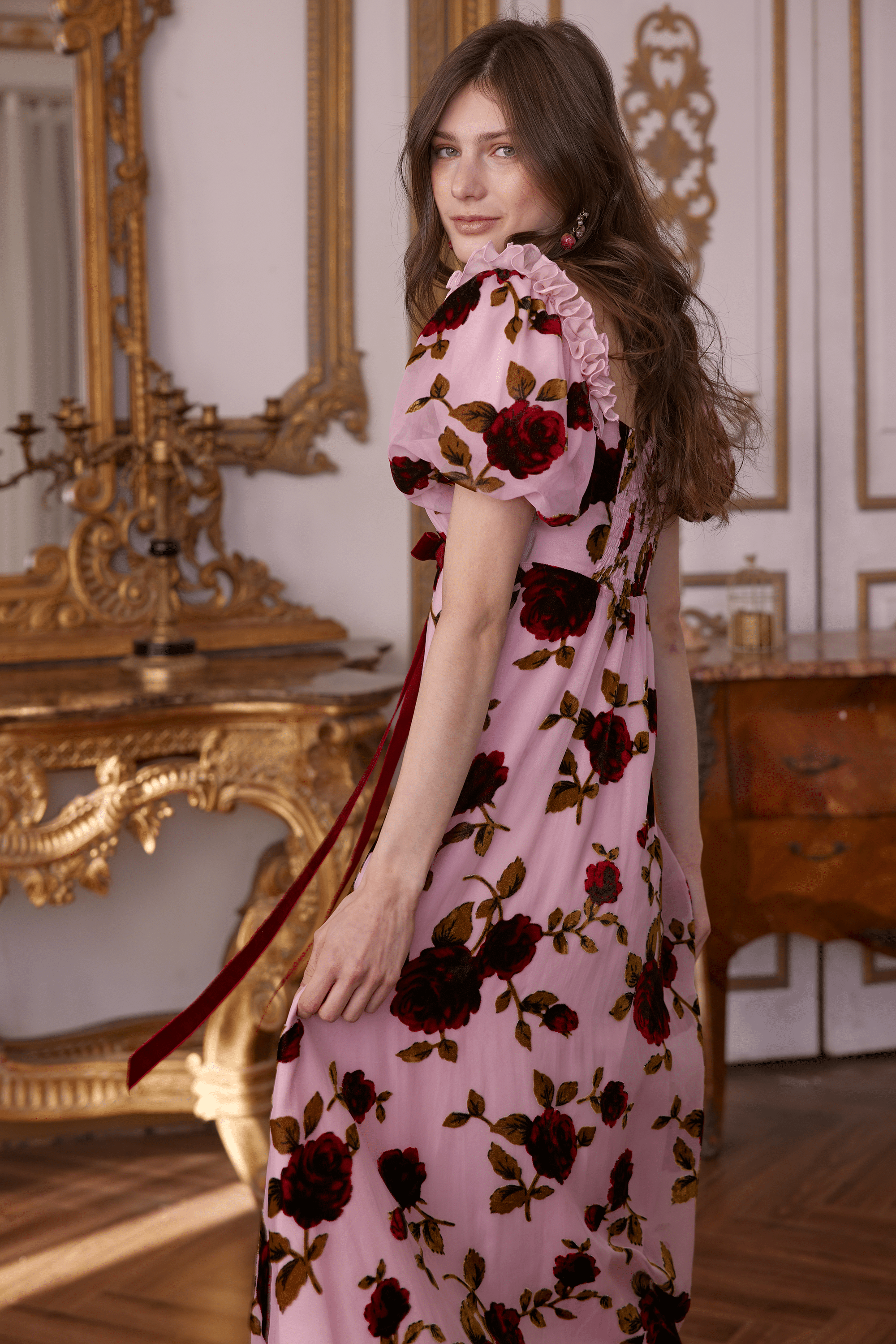 Olivier Squared Neckline Velvet Floral Gown Dress