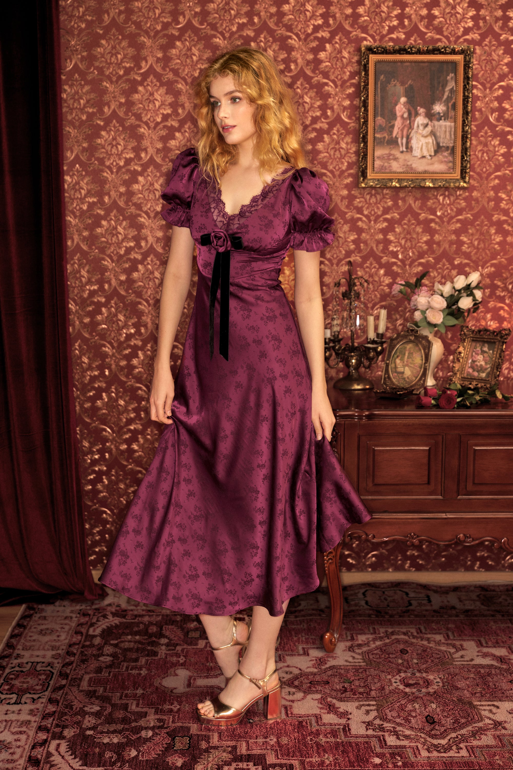 Serita Jacquard Satin Maxi Dress in Mulberry Red