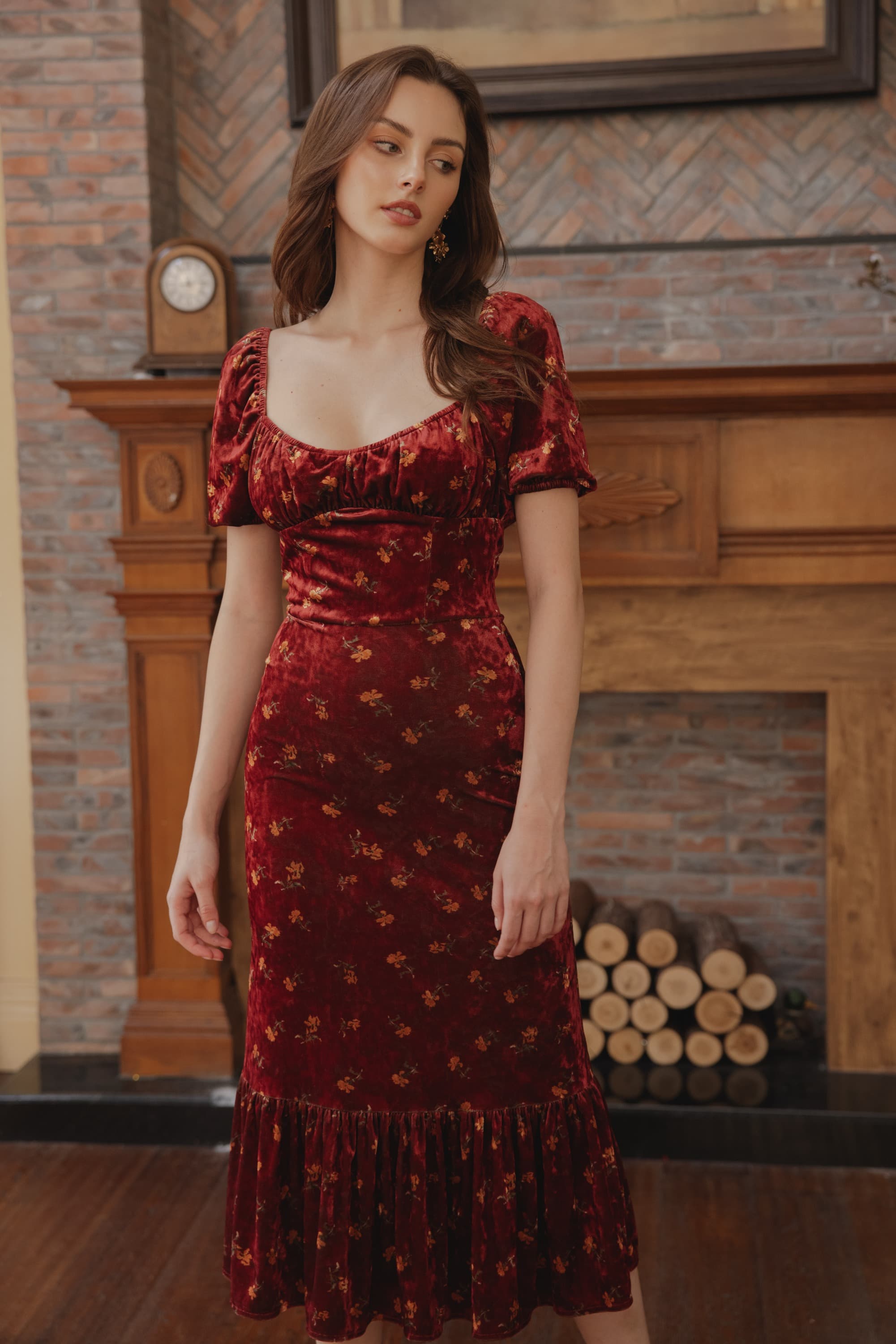 Brielle Floral Velvet Midi Dress in Burgundy Red