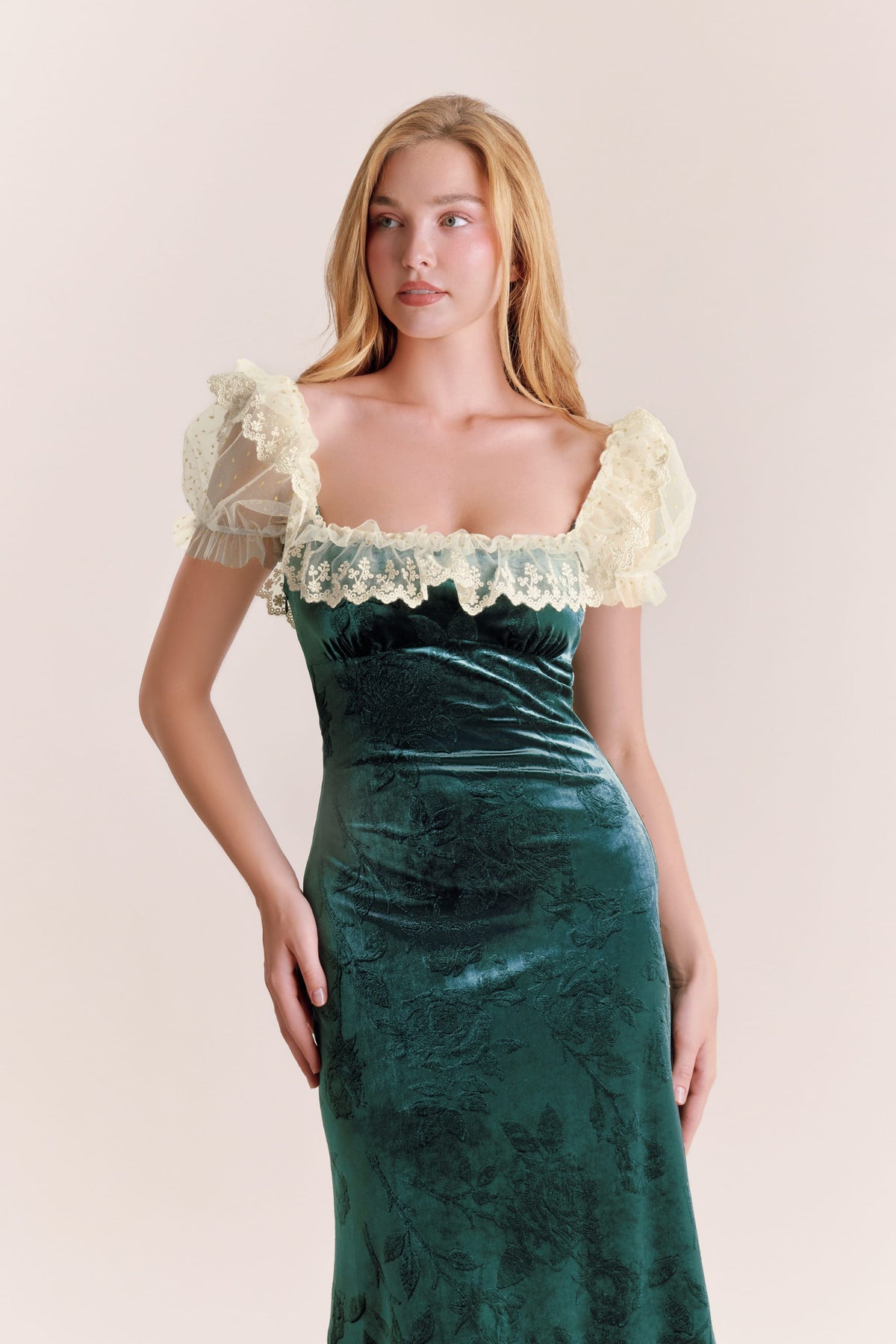 Amelia Green Velvet Puff Sleeve Midi Dress