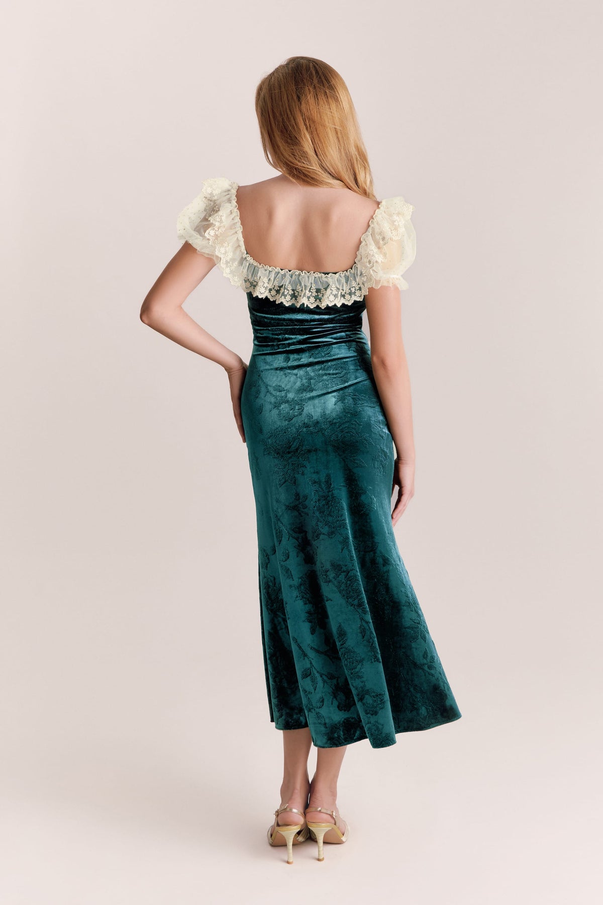 Amelia Green Velvet Puff Sleeve Midi Dress