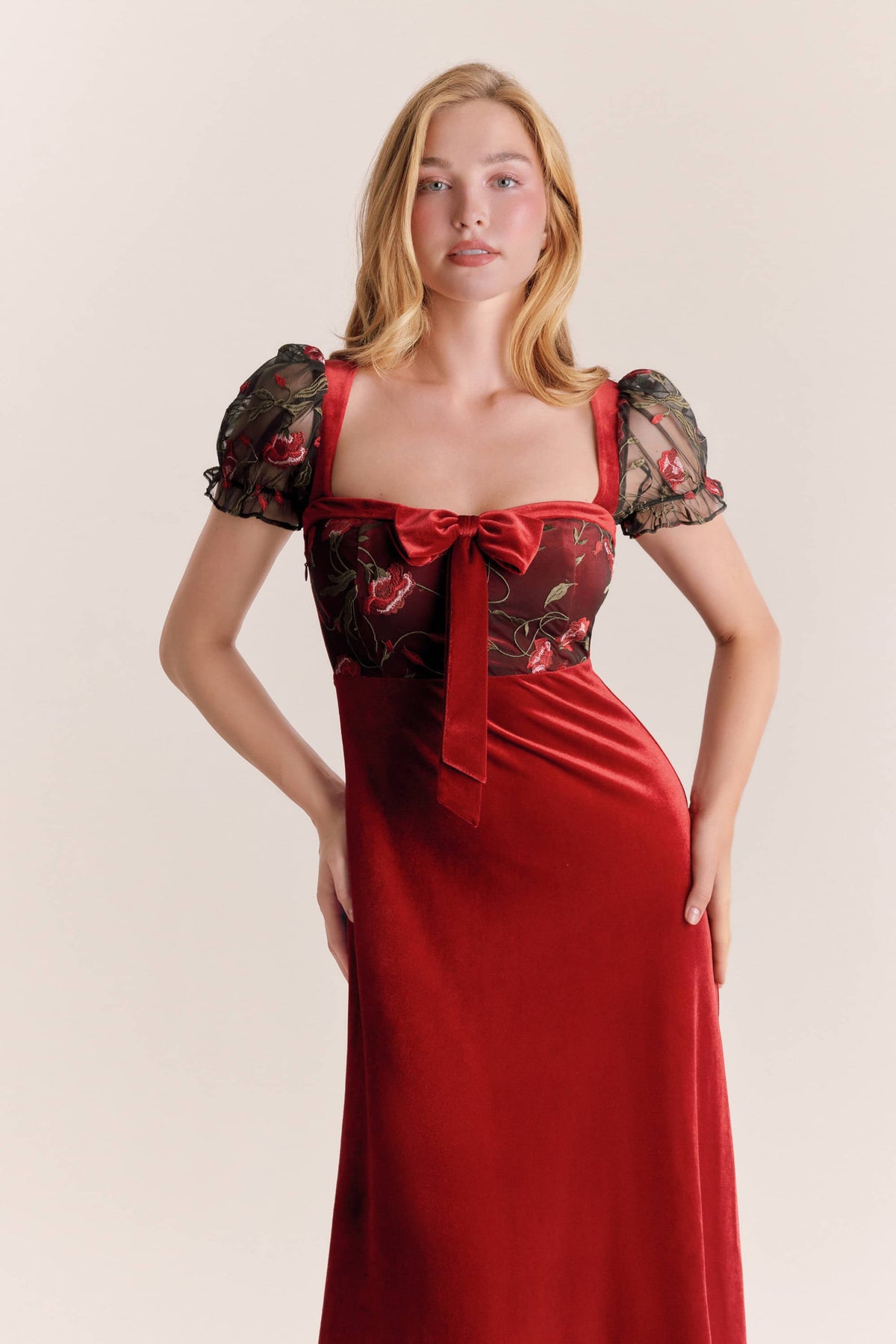 Olivia Red Velvet Bow Midi Dress