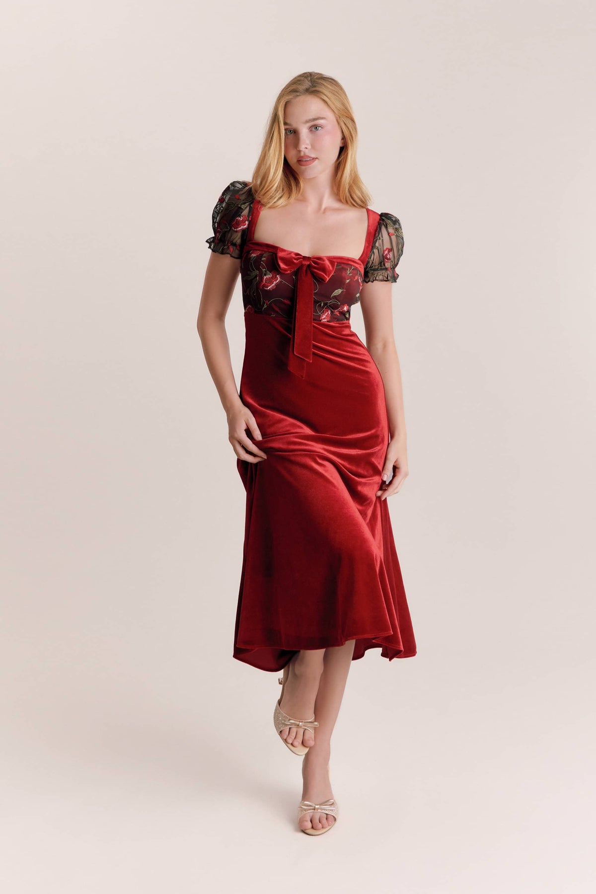 Olivia Red Velvet Bow Midi Dress