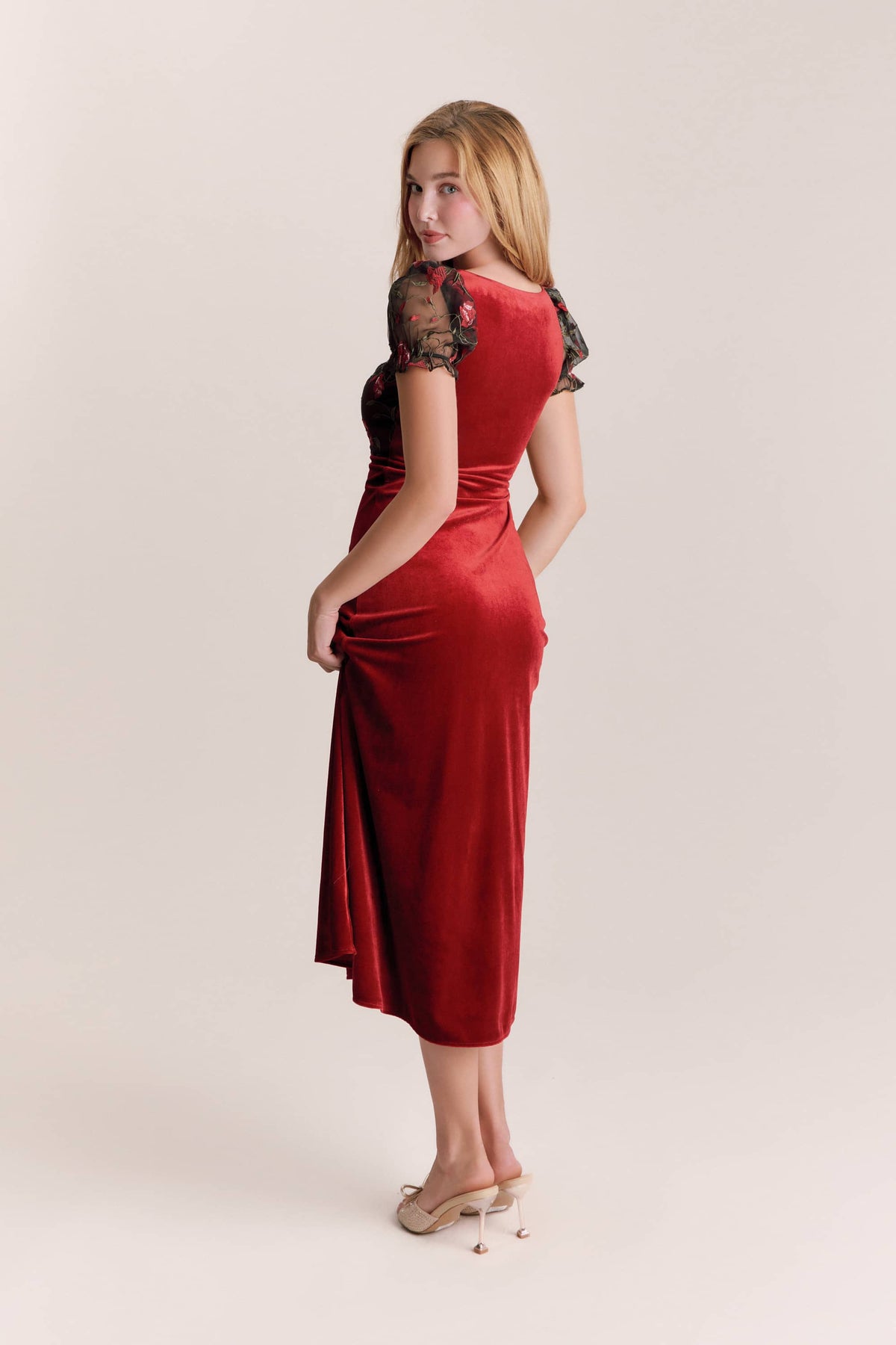 Olivia Red Velvet Bow Midi Dress