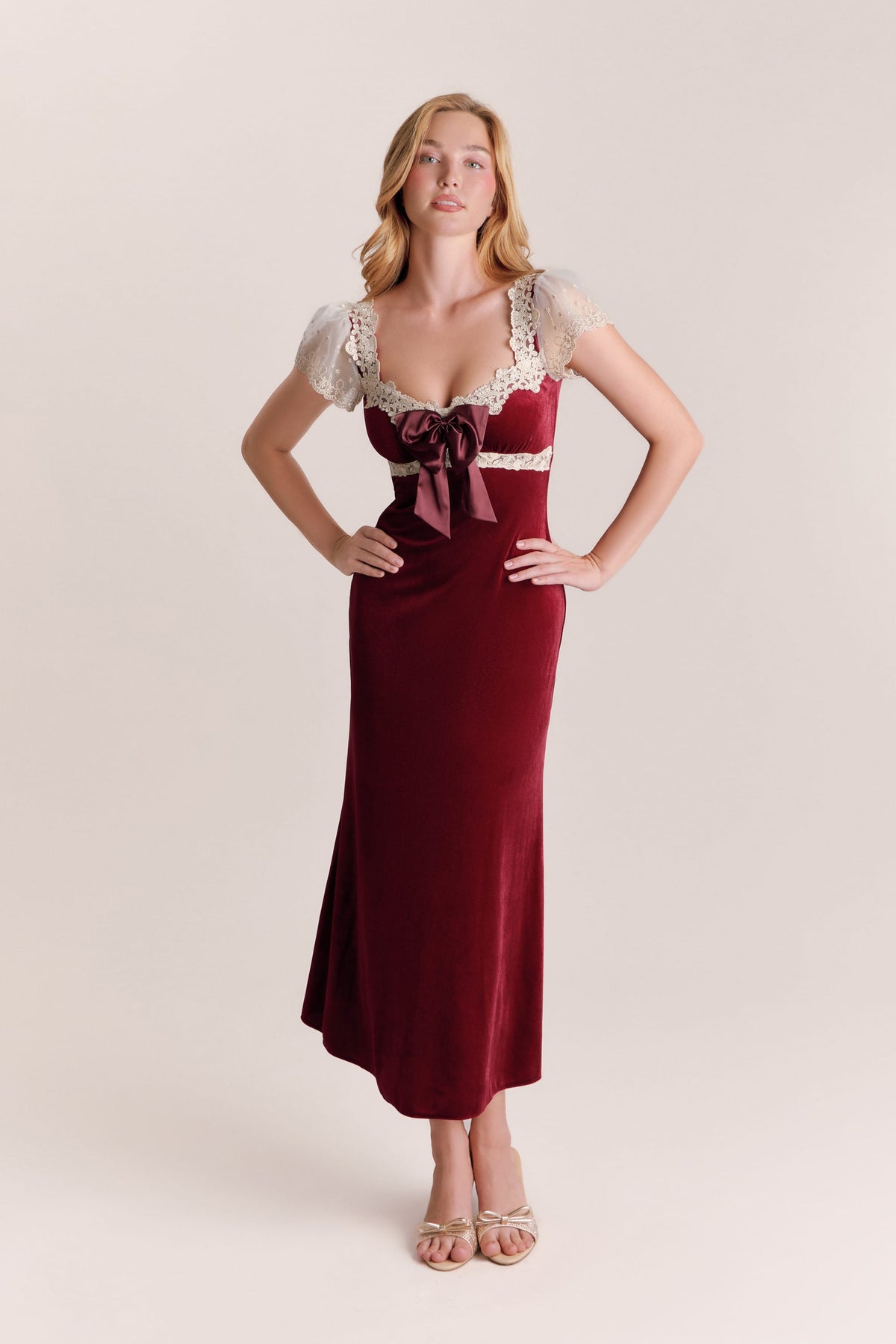 Reina Red Velvet Lace-Trimmed Maxi Dress