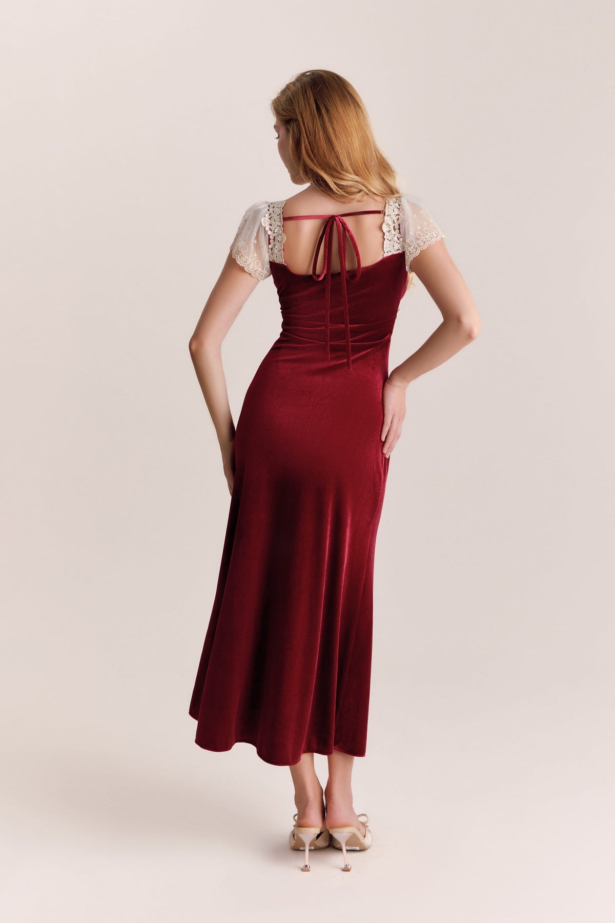 Reina Red Velvet Lace-Trimmed Maxi Dress