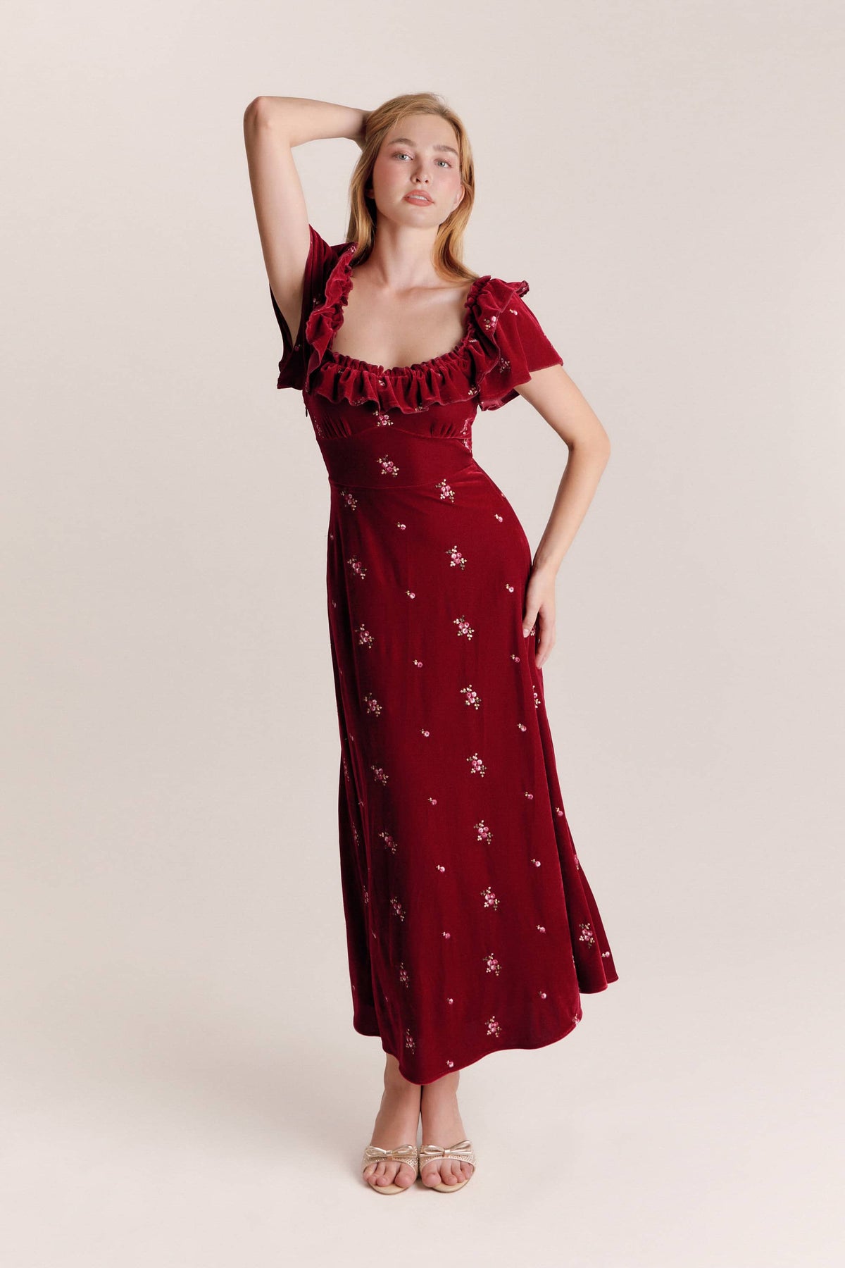 Sylvia Red Embroidered Velvet Maxi Dress