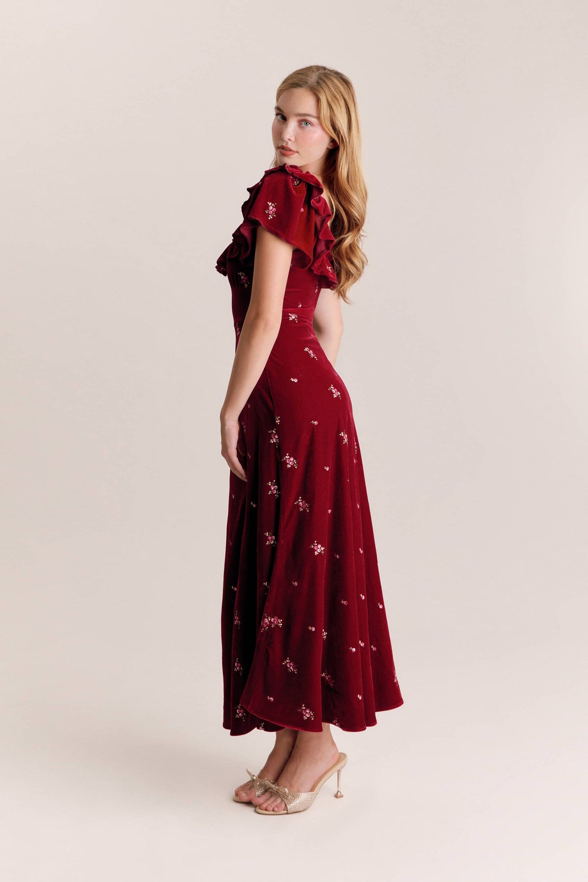Sylvia Red Embroidered Velvet Maxi Dress
