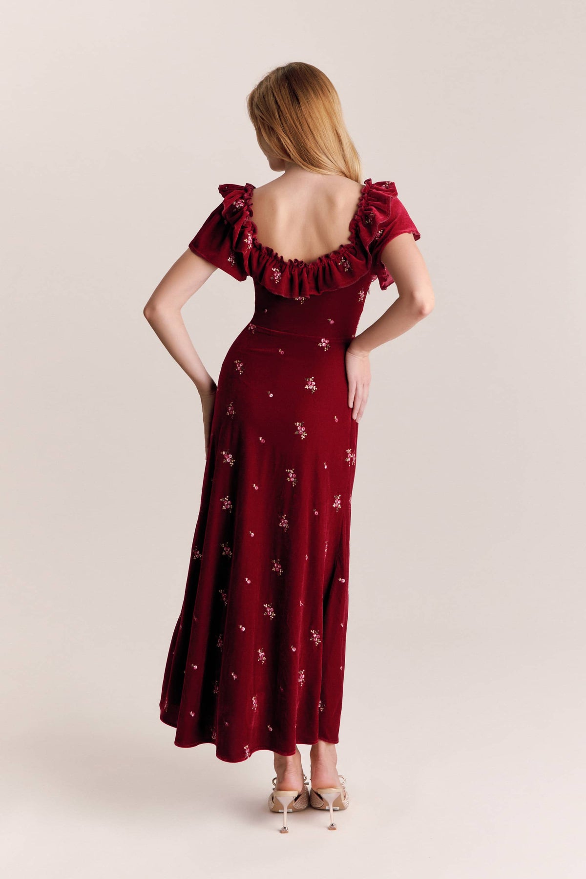 Sylvia Red Embroidered Velvet Maxi Dress