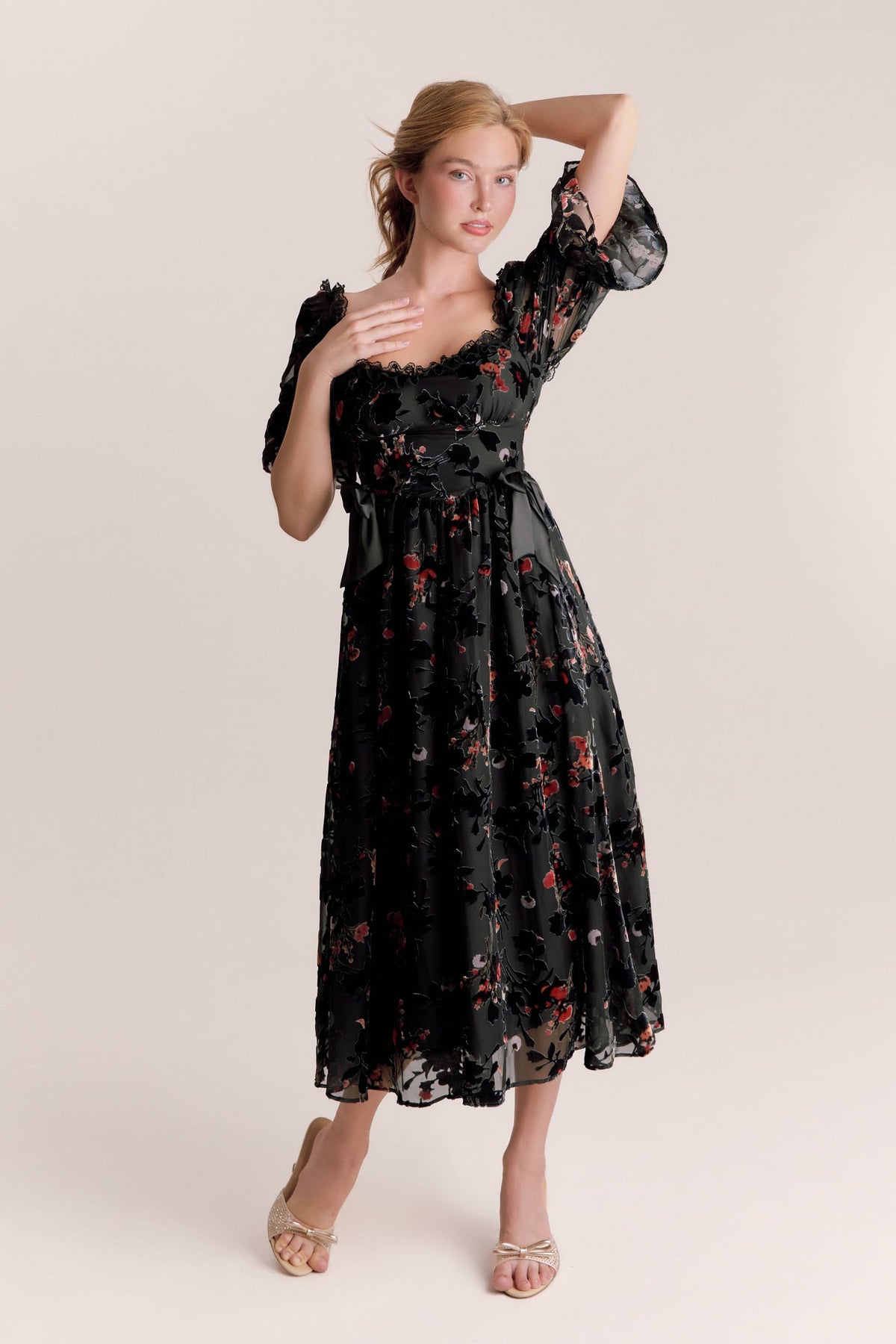 Bianca Black Burnout Velvet Midi Dress