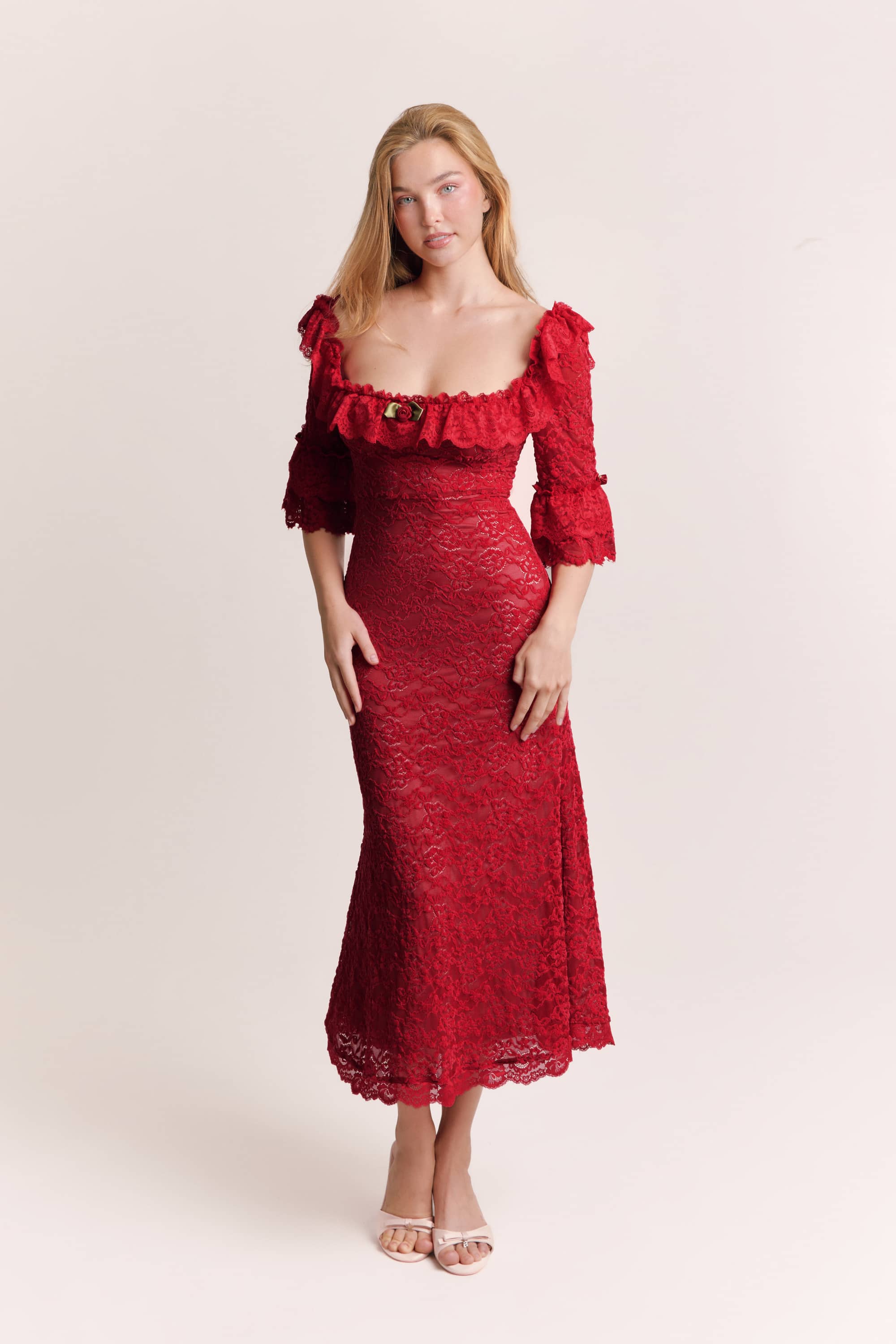 Scarlett Chenille Lace Midi Dress in Ruby Red