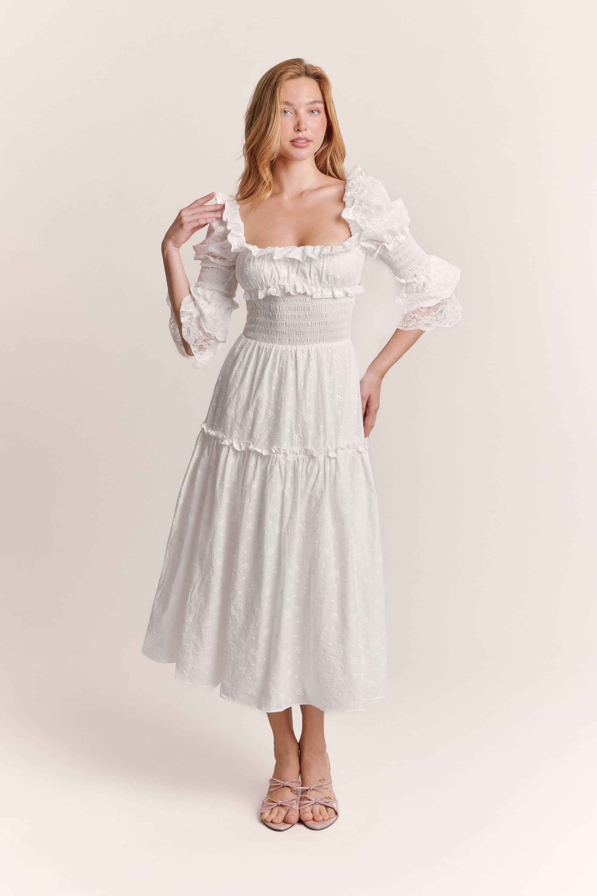 Claudia Embroidered Cotton Midi Dress in White
