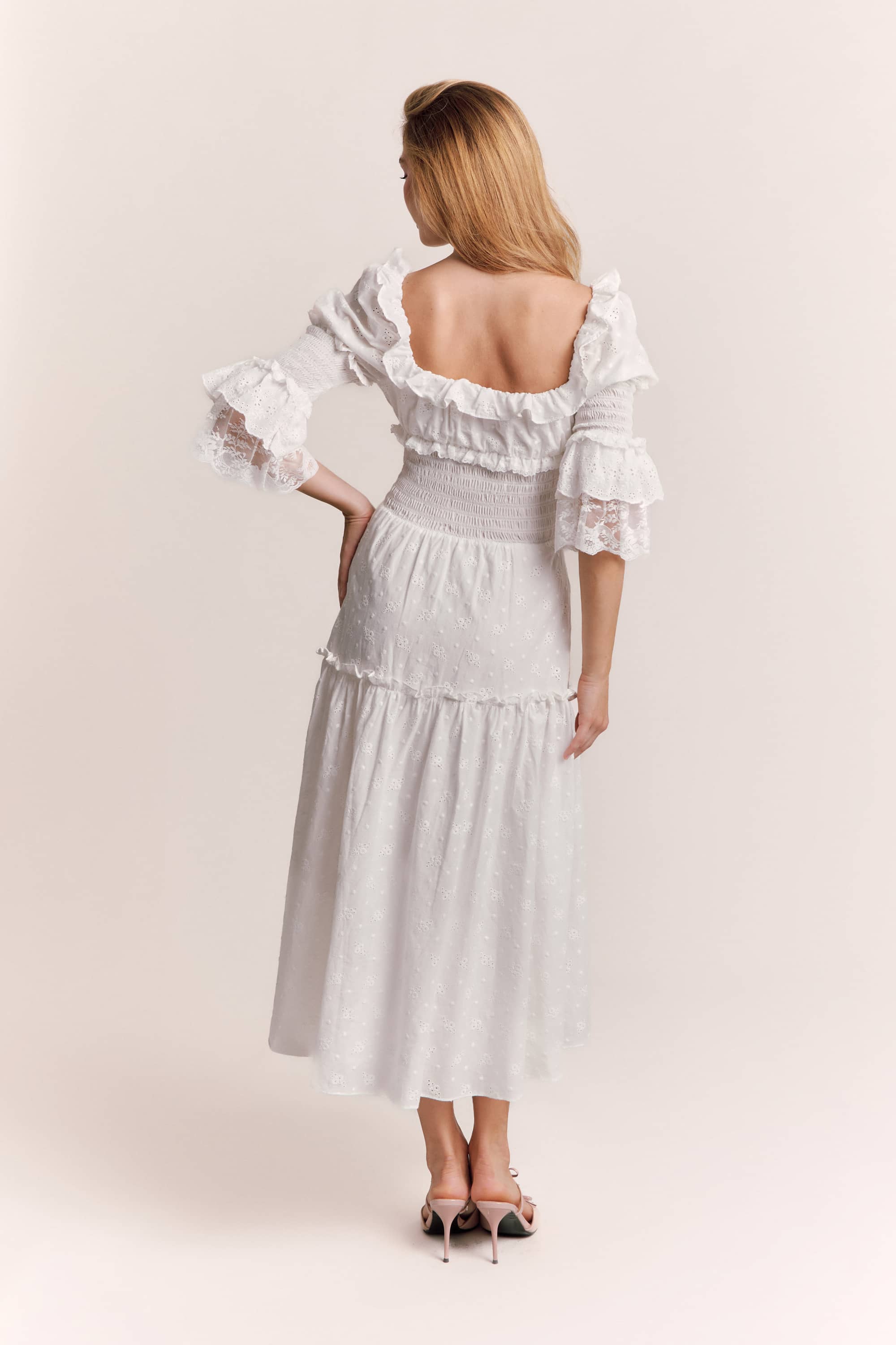 Claudia Embroidered Cotton Midi Dress in White