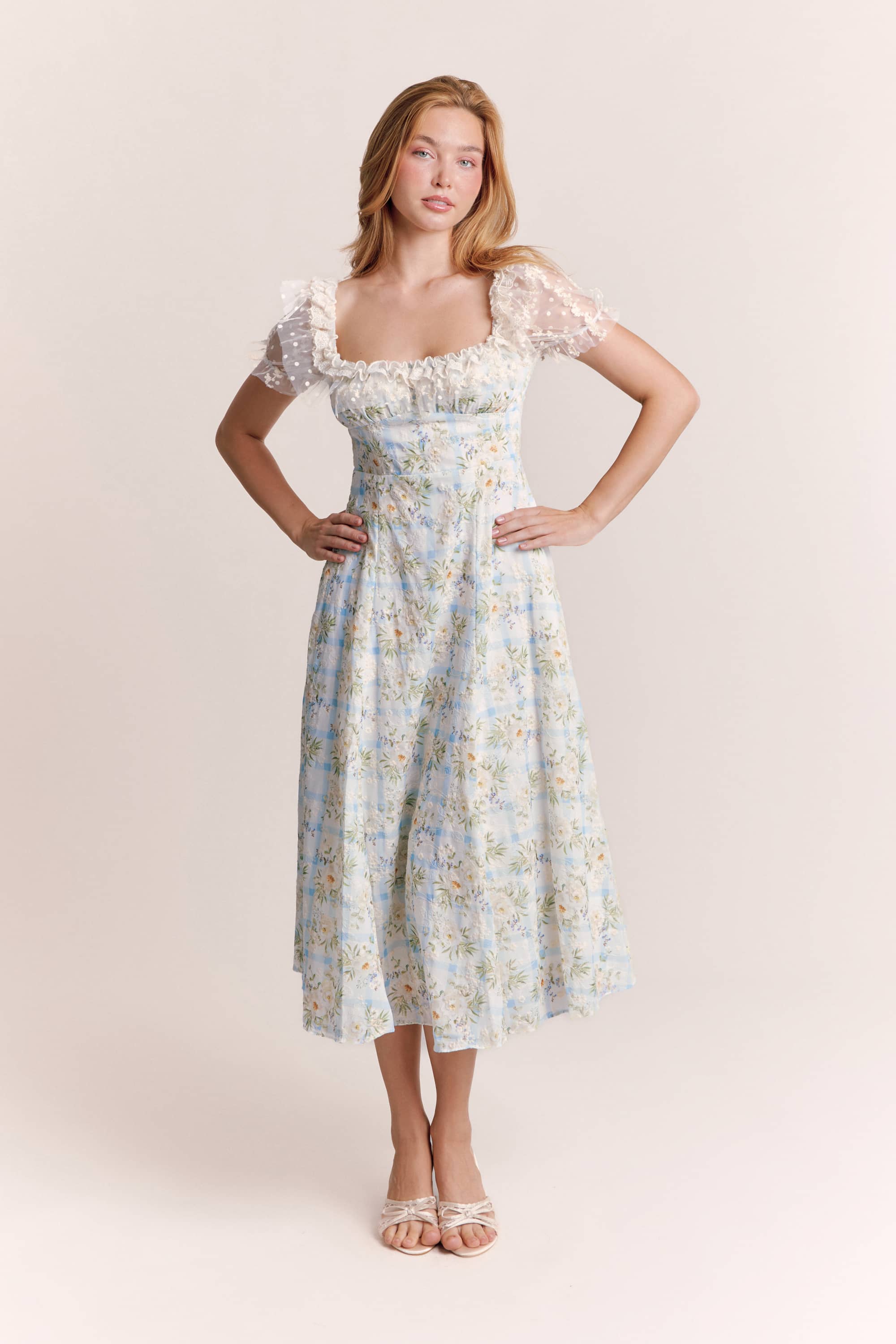 Kimberly Embroidered Puff Sleeve Midi Dress in Powder Blue
