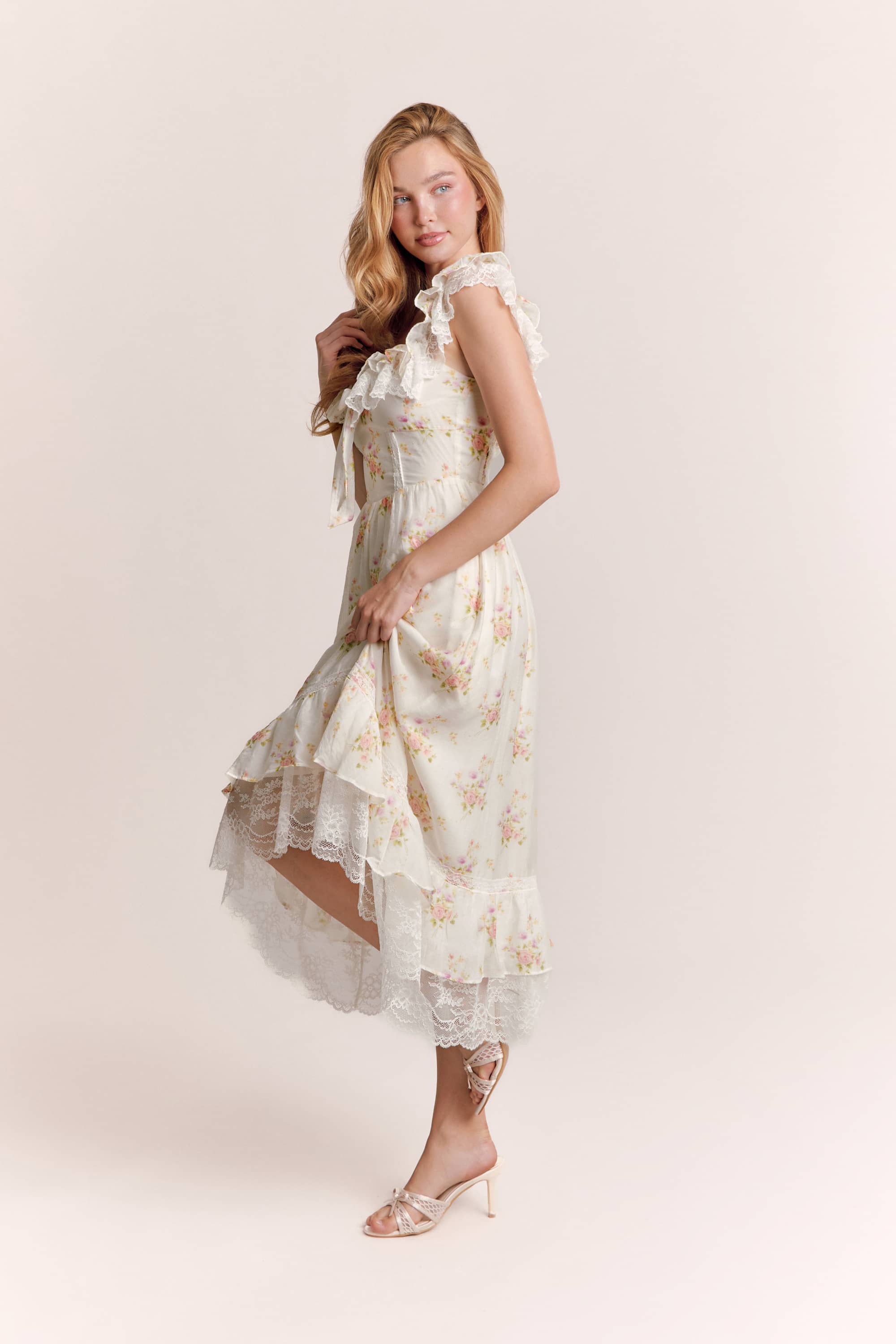 Anya Floral Crepe Midi Dress in White