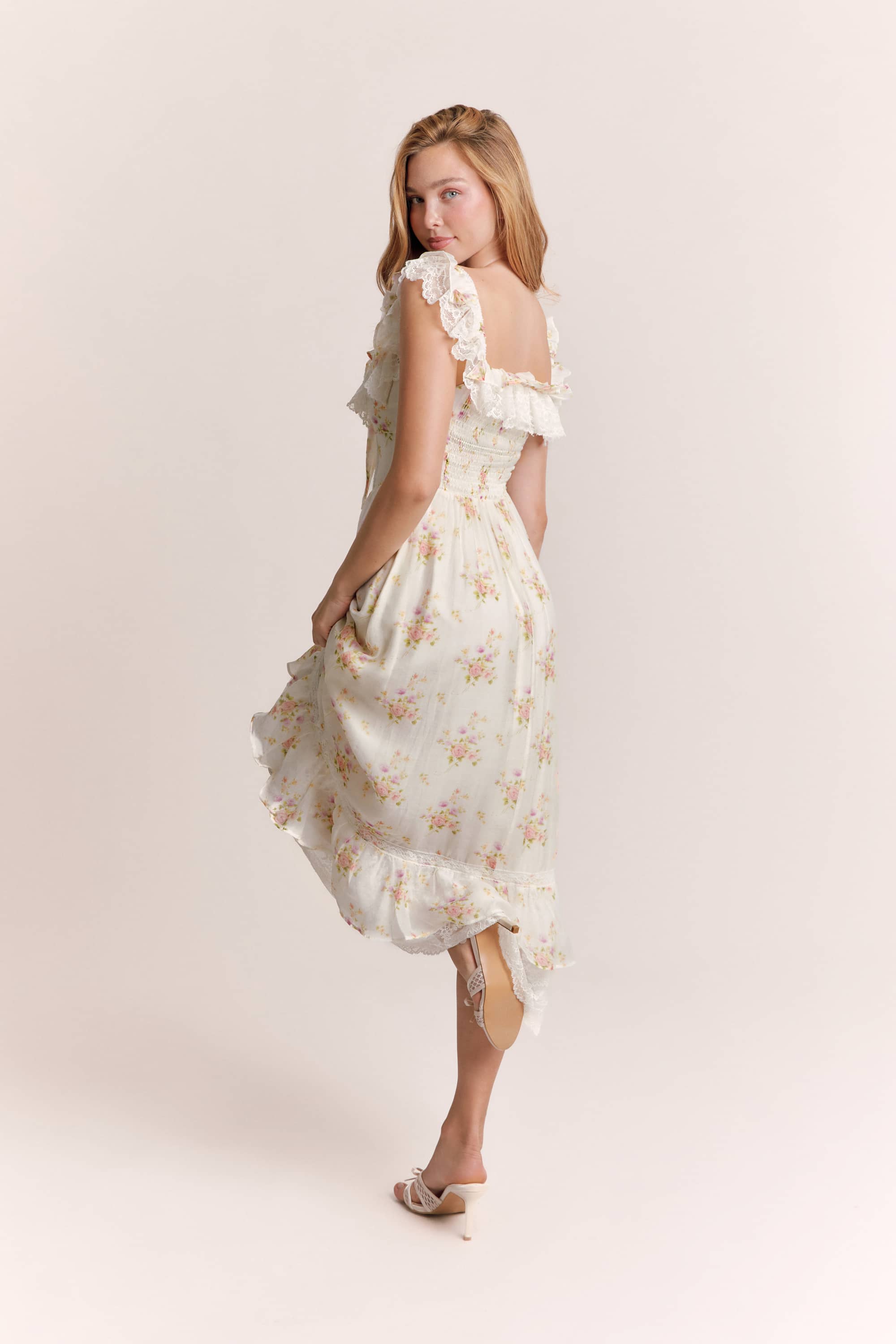 Anya Floral Crepe Midi Dress in White