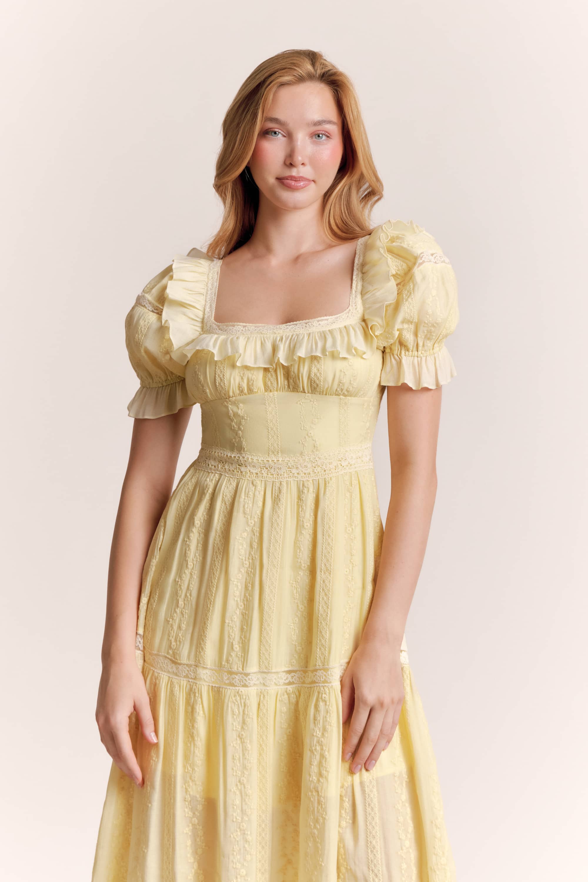 Aurora Lace Midi Dress in Soft Butter Yellow