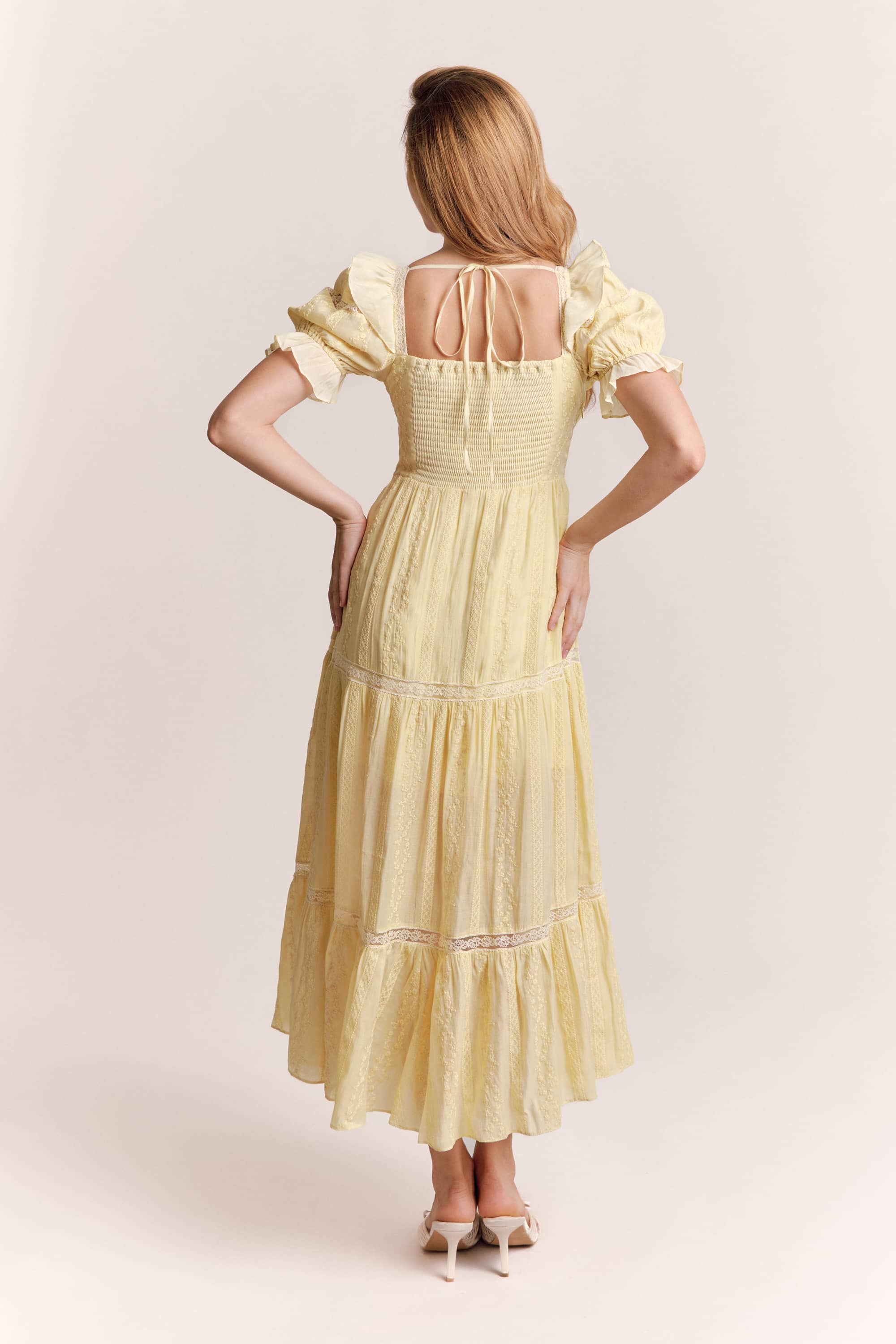 Aurora Lace Midi Dress in Soft Butter Yellow