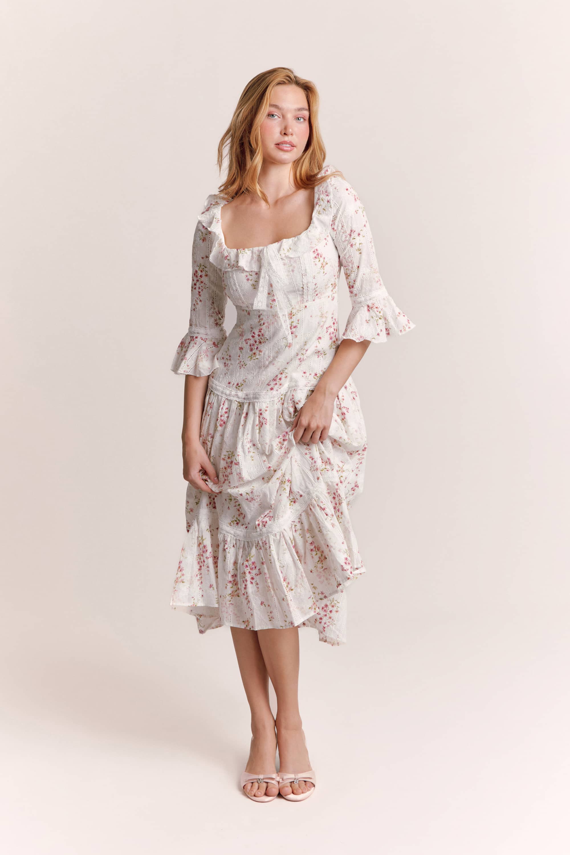 Hera Floral Cotton Midi Dress in White