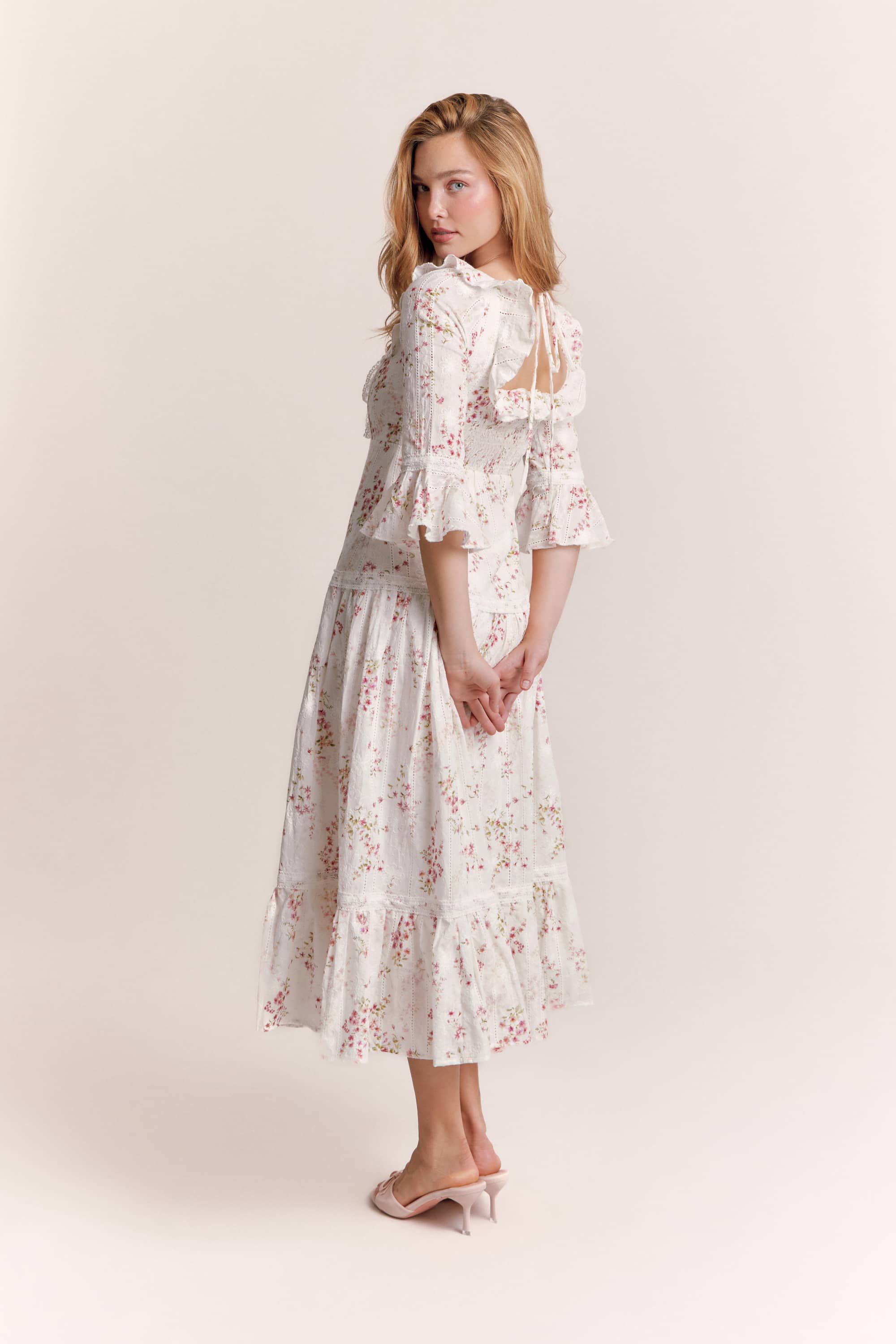 Hera Floral Cotton Midi Dress in White