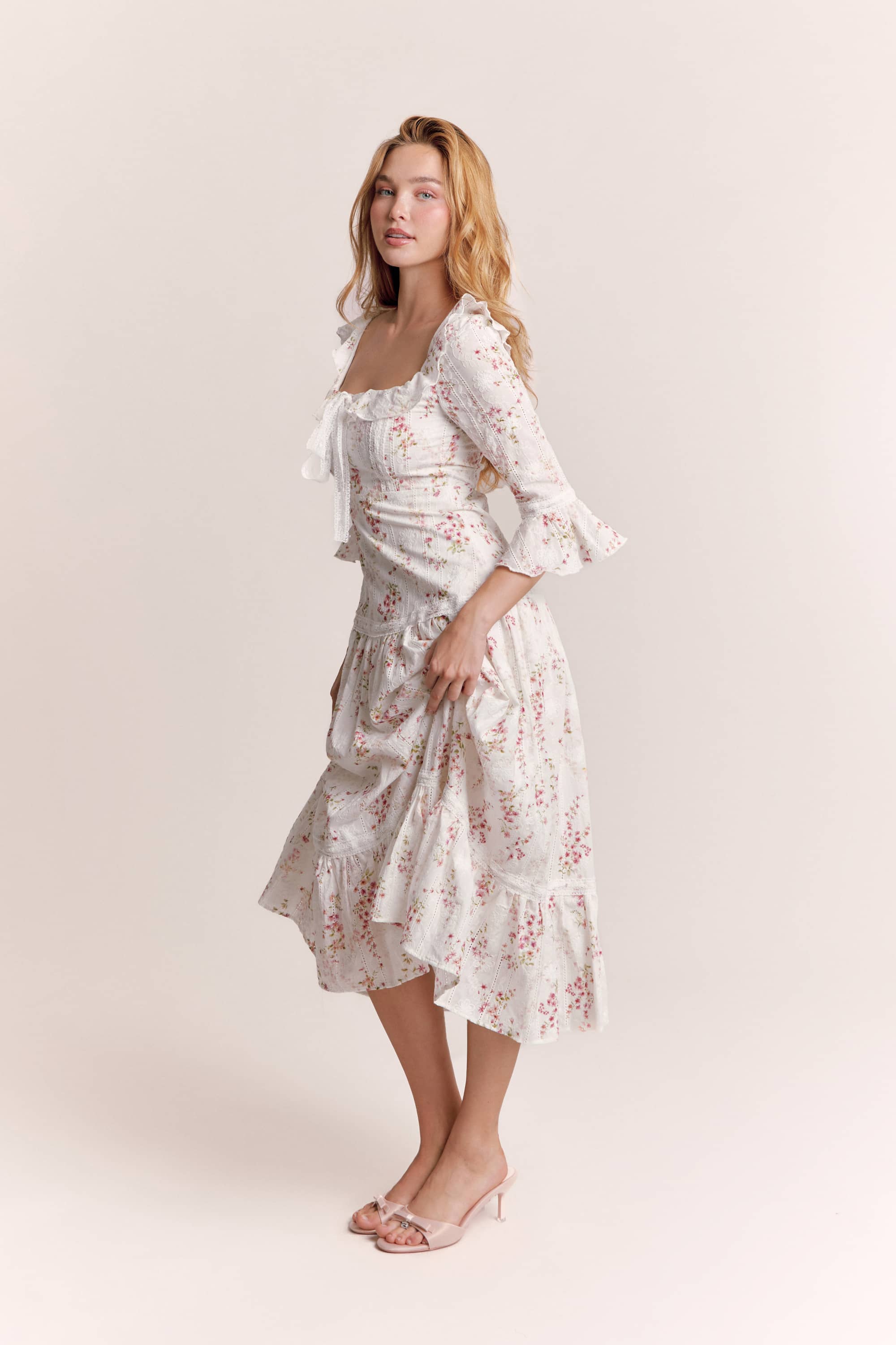 Hera Floral Cotton Midi Dress in White