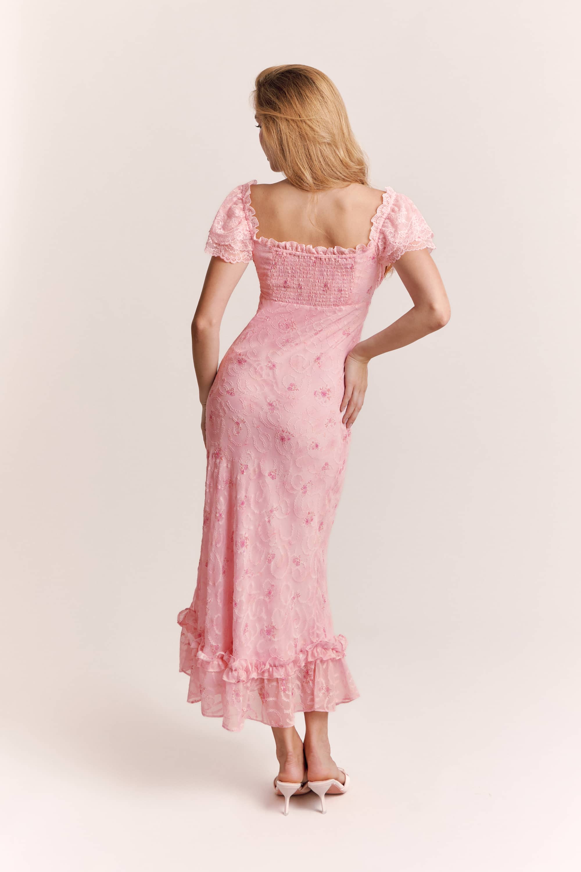 Lia Applique Chiffon Midi Dress in Cherry Blossom Pink