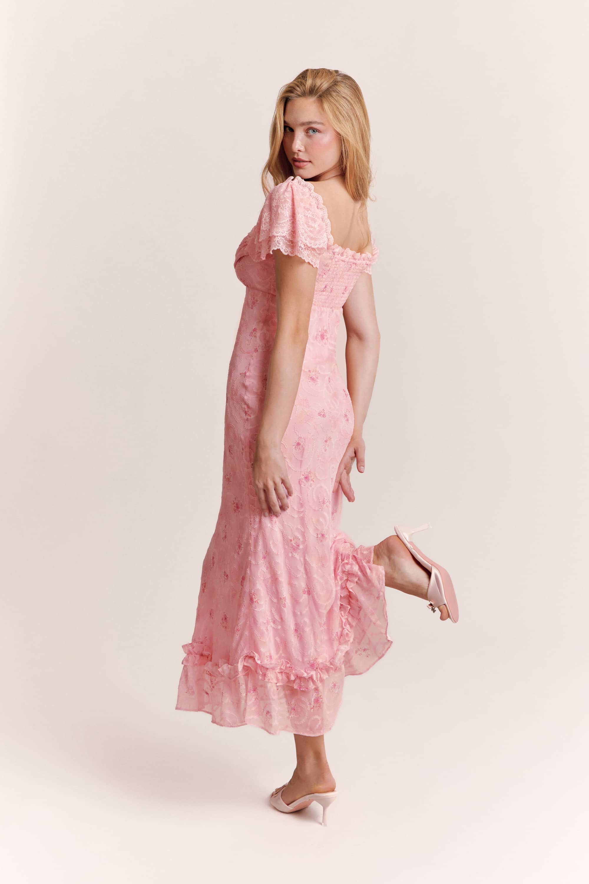 Lia Applique Chiffon Midi Dress in Cherry Blossom Pink