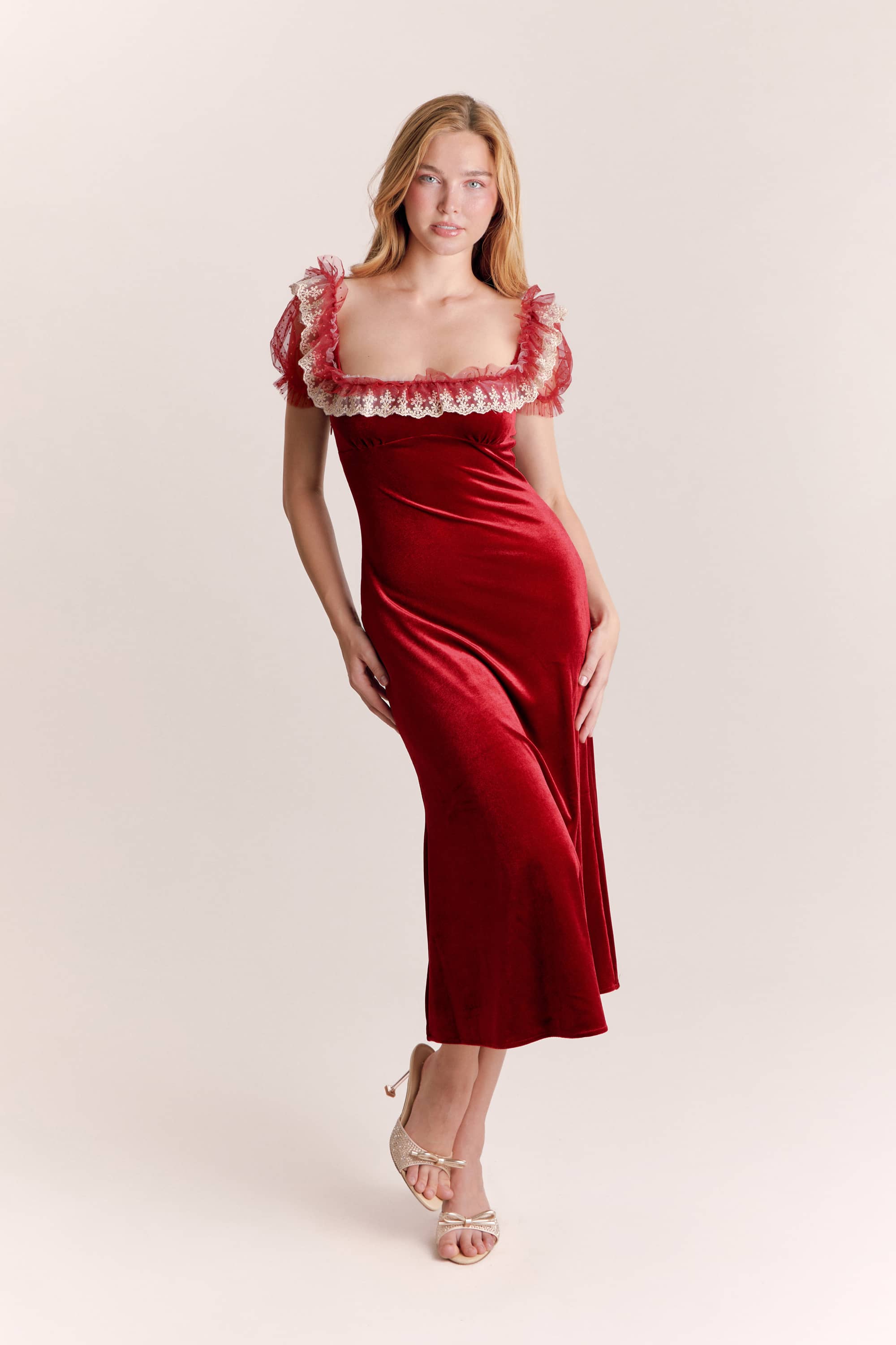 Amelia Knit Velvet Midi Dress in Ruby Red